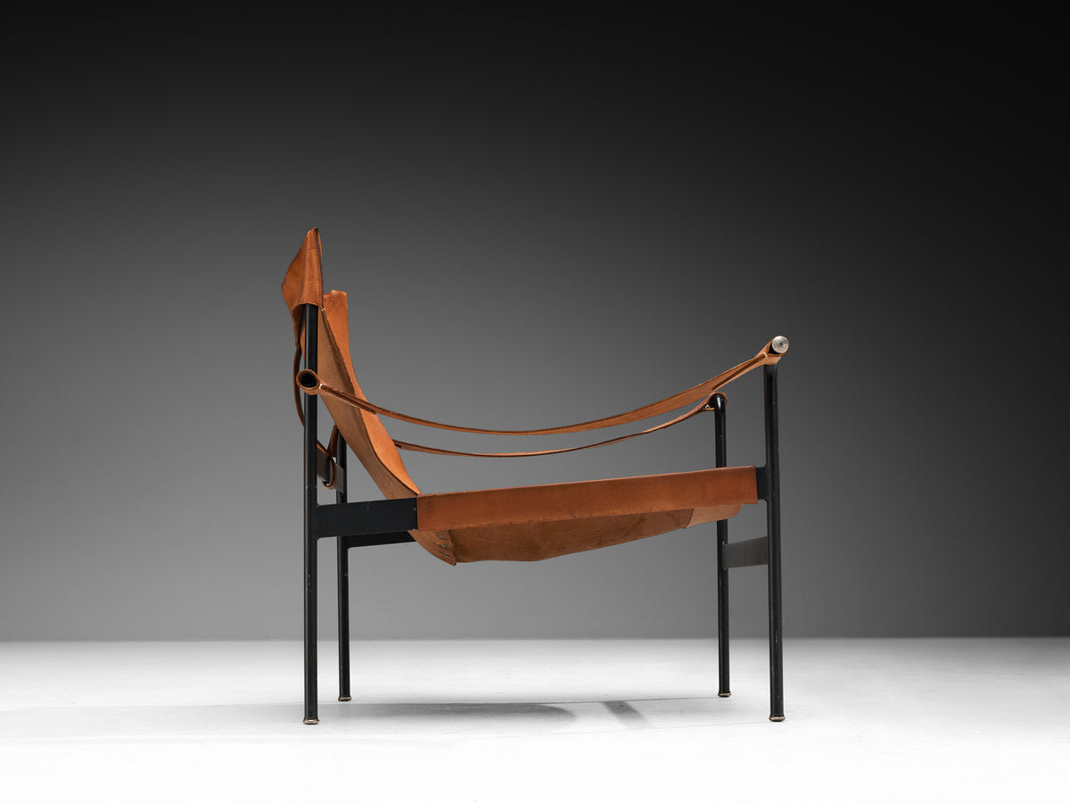 Hans Könecke for Tecta Pair of 'Sling' Lounge Chairs in Cognac Leather and Steel Seating Morentz