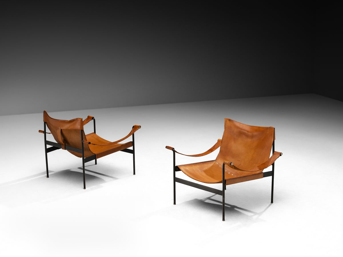 Hans Könecke for Tecta Pair of 'Sling' Lounge Chairs in Cognac Leather and Steel Seating Morentz
