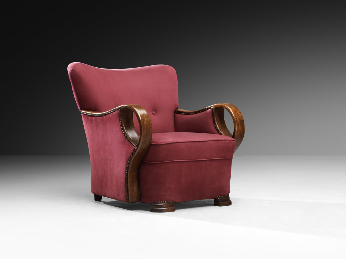 Pair of Art Deco Armchairs with Sculptural Oak Arms Seating Morentz