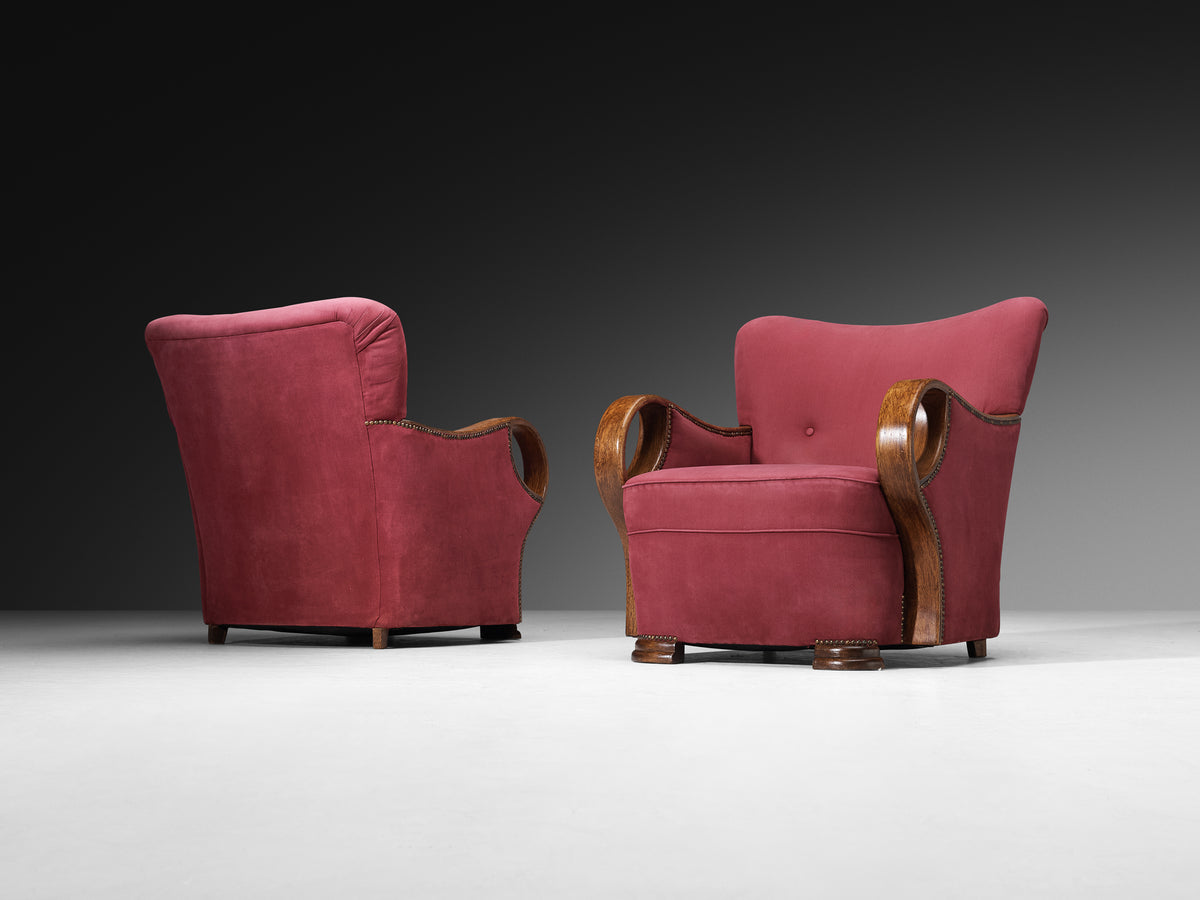 Pair of Art Deco Armchairs with Sculptural Oak Arms Seating Morentz