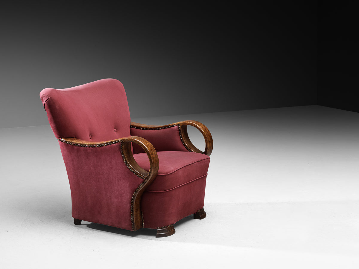 Pair of Art Deco Armchairs with Sculptural Oak Arms Seating Morentz
