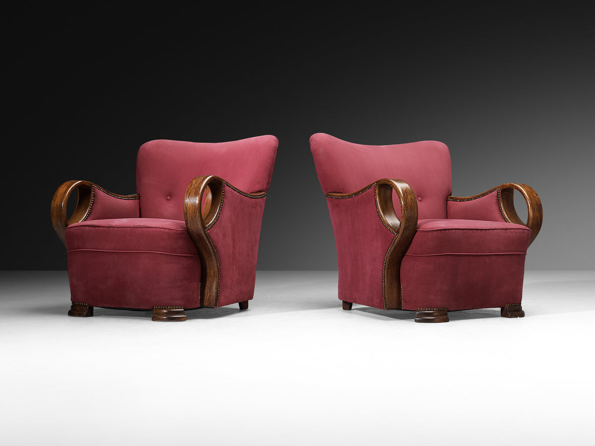 Pair of Art Deco Armchairs with Sculptural Oak Arms Seating Morentz