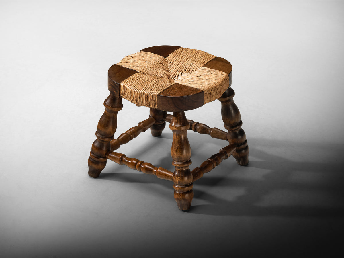 Mid-Century Rustic Stool in Beech and Straw Seating Morentz