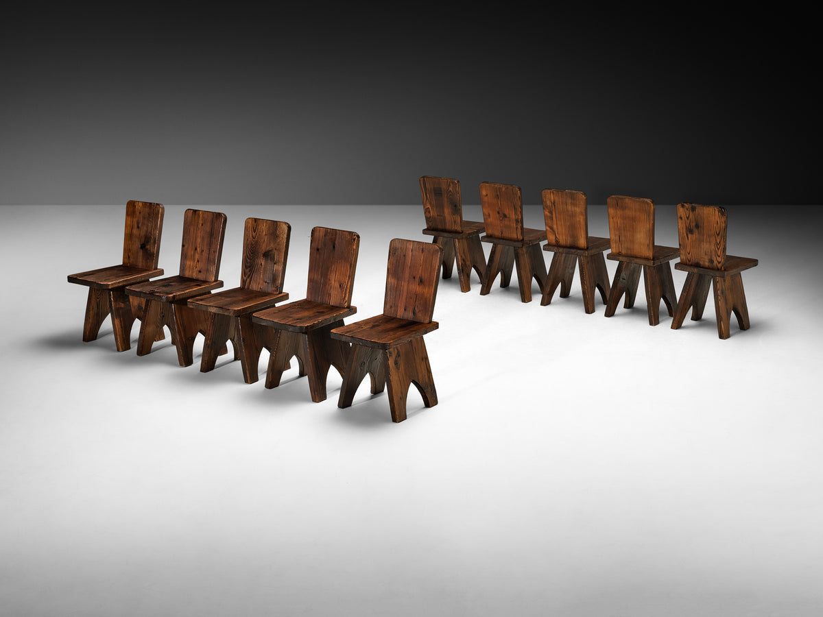 Set of Ten Mid-Century Modern Rustic Dining Chairs in Pine Seating Morentz