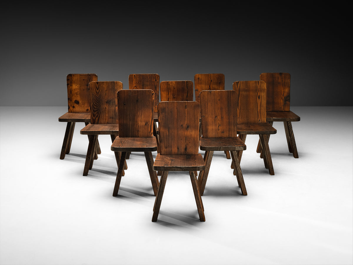Set of Ten Mid-Century Modern Rustic Dining Chairs in Pine Seating Morentz