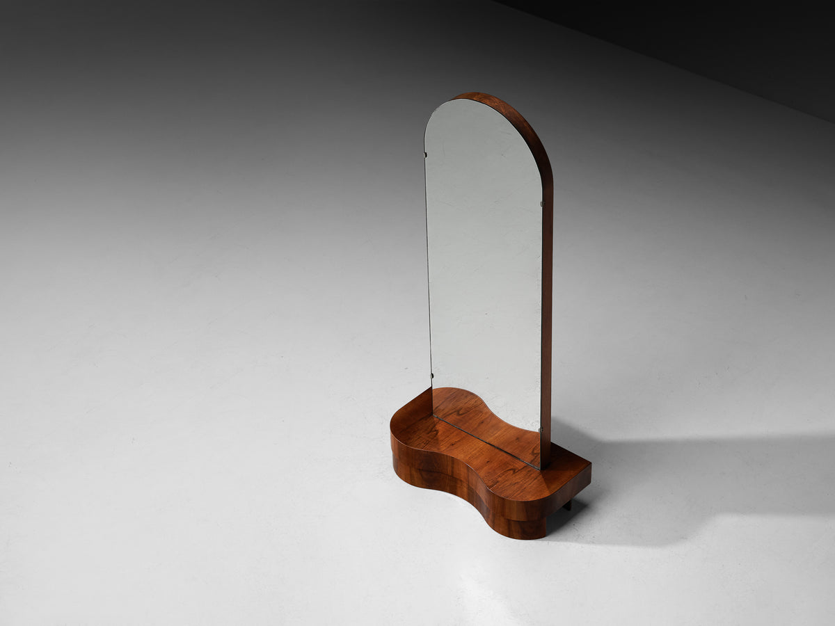 Art Deco Standing or Low Vanity Mirror in Walnut with Sculptural Storage Base
