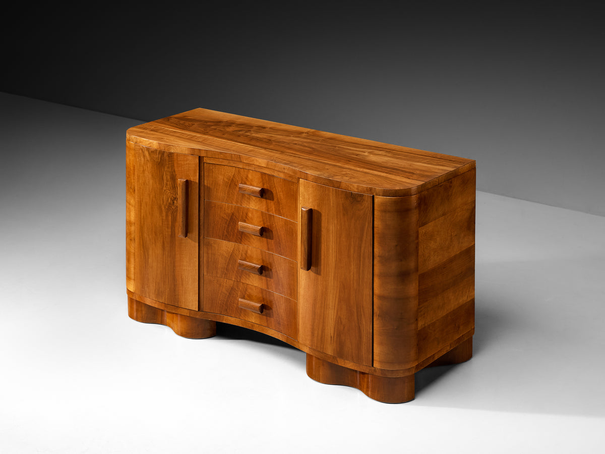 Art Deco Walnut Sideboard with Curved Front and Sculptural Base Case pieces and storage cabinets Morentz