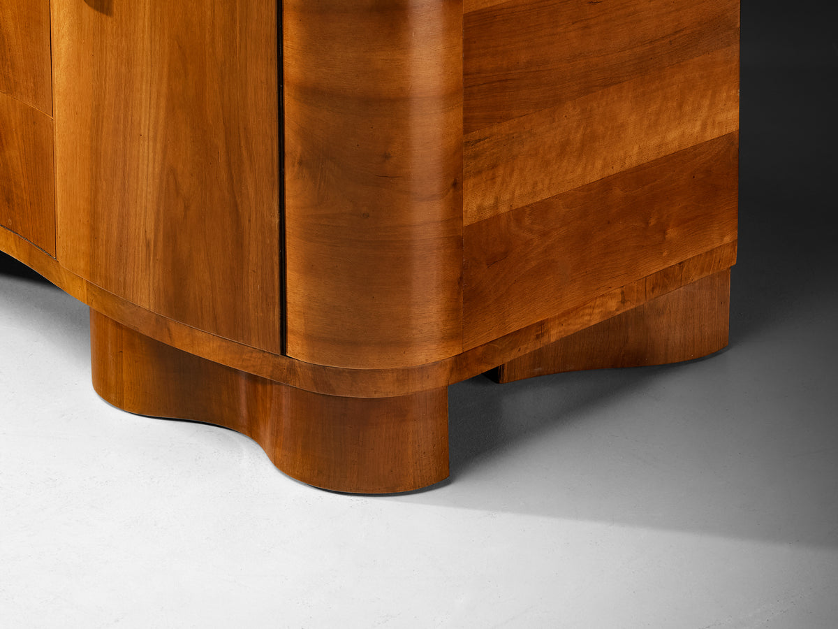 Art Deco Walnut Sideboard with Curved Front and Sculptural Base Case pieces and storage cabinets Morentz