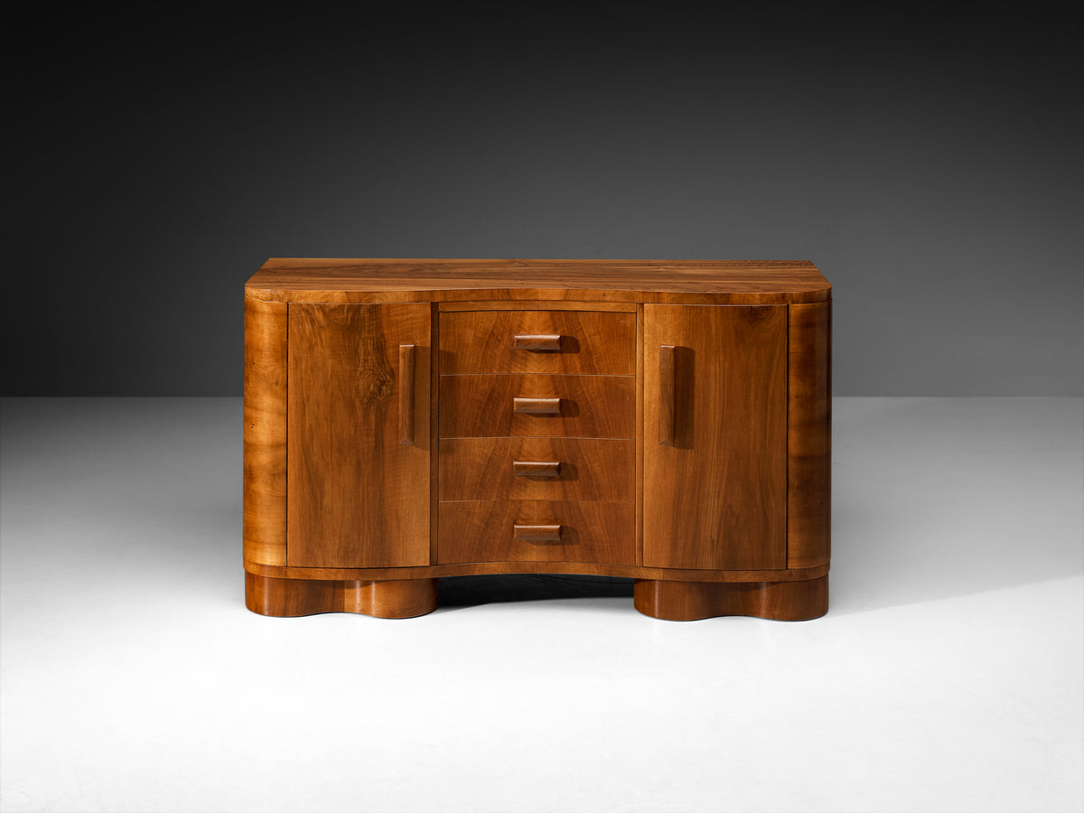 Art Deco Walnut Sideboard with Curved Front and Sculptural Base Case pieces and storage cabinets Morentz