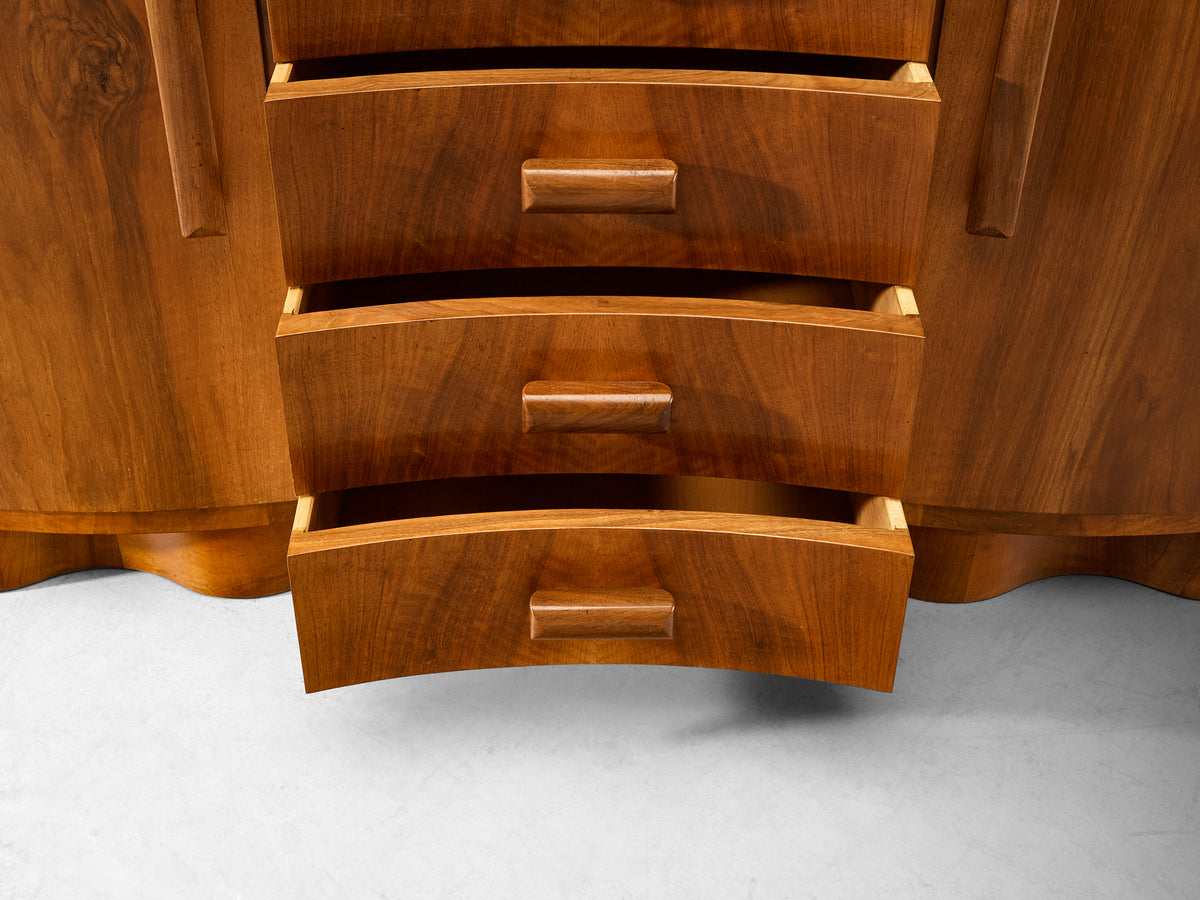 Art Deco Walnut Sideboard with Curved Front and Sculptural Base Case pieces and storage cabinets Morentz