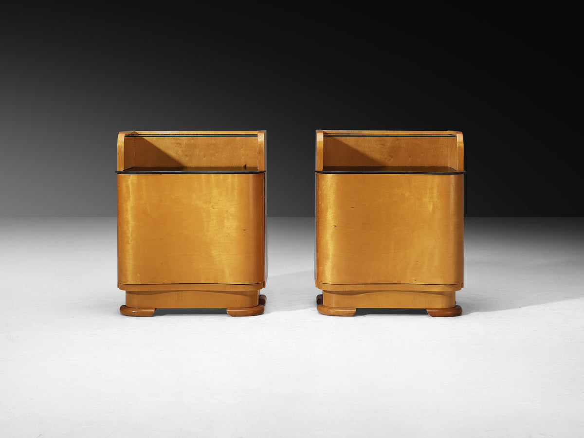 Italian Art Deco Bedside Tables in Maple and Glass Tops Case pieces and storage cabinets Morentz