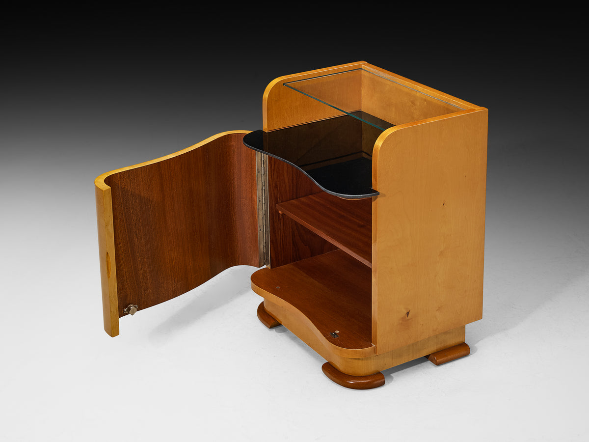 Italian Art Deco Bedside Tables in Maple and Glass Tops Case pieces and storage cabinets Morentz