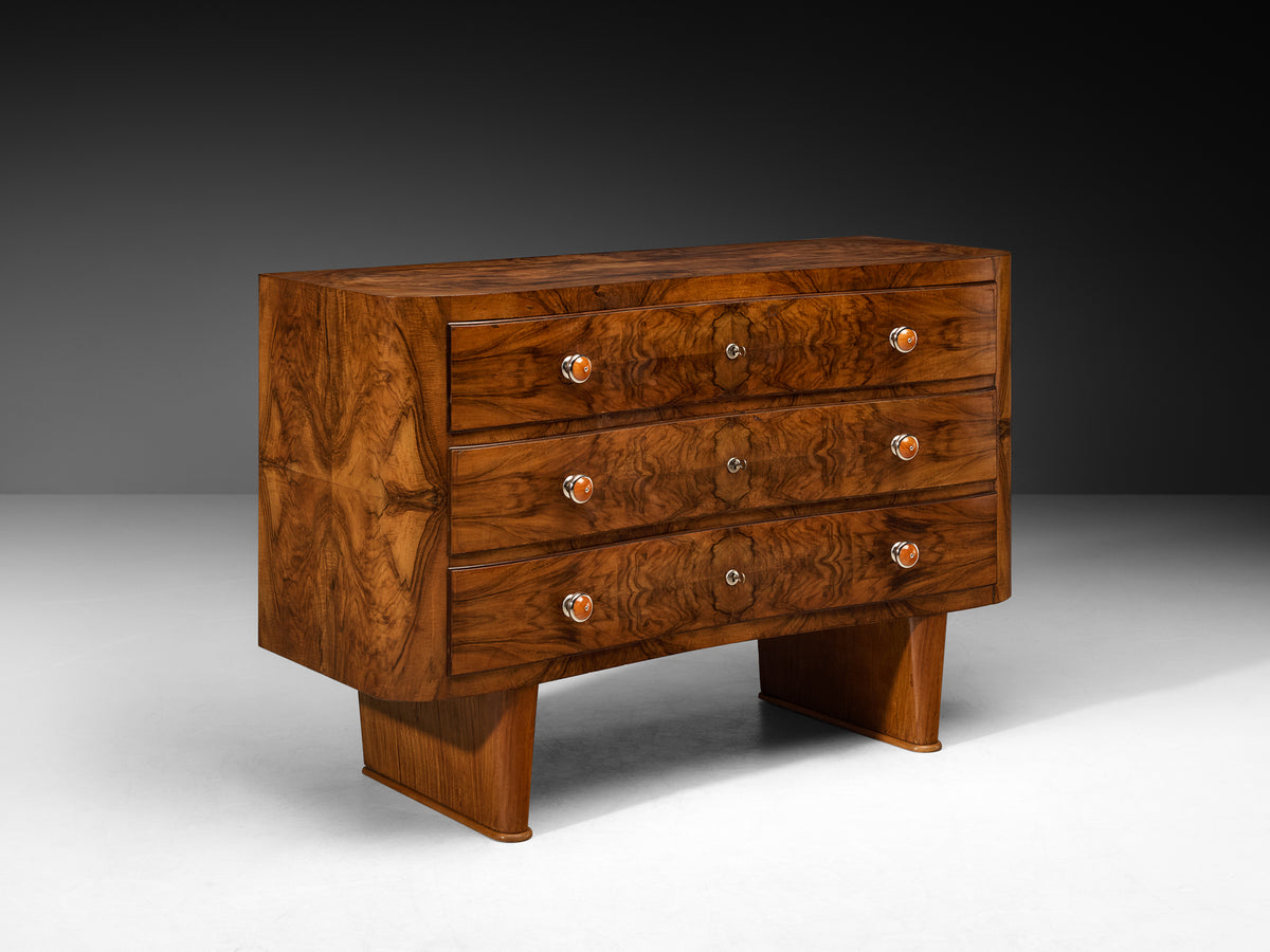Italian Art Deco Chest of Drawers in Walnut with Amber Coloured Handles Case pieces and storage cabinets Morentz