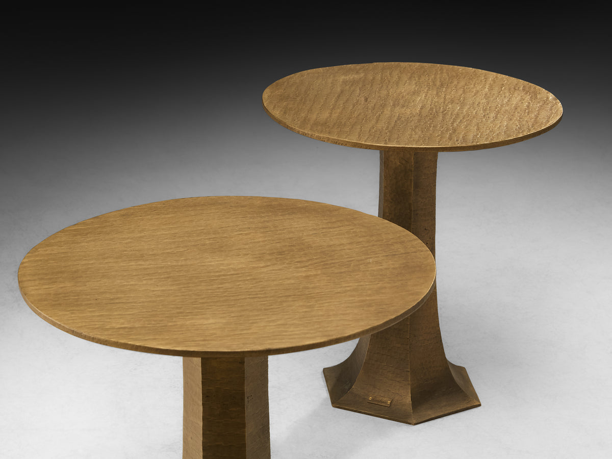 Rare Luciano Frigerio Pair of Side Tables in Hammered Brass Tables Morentz
