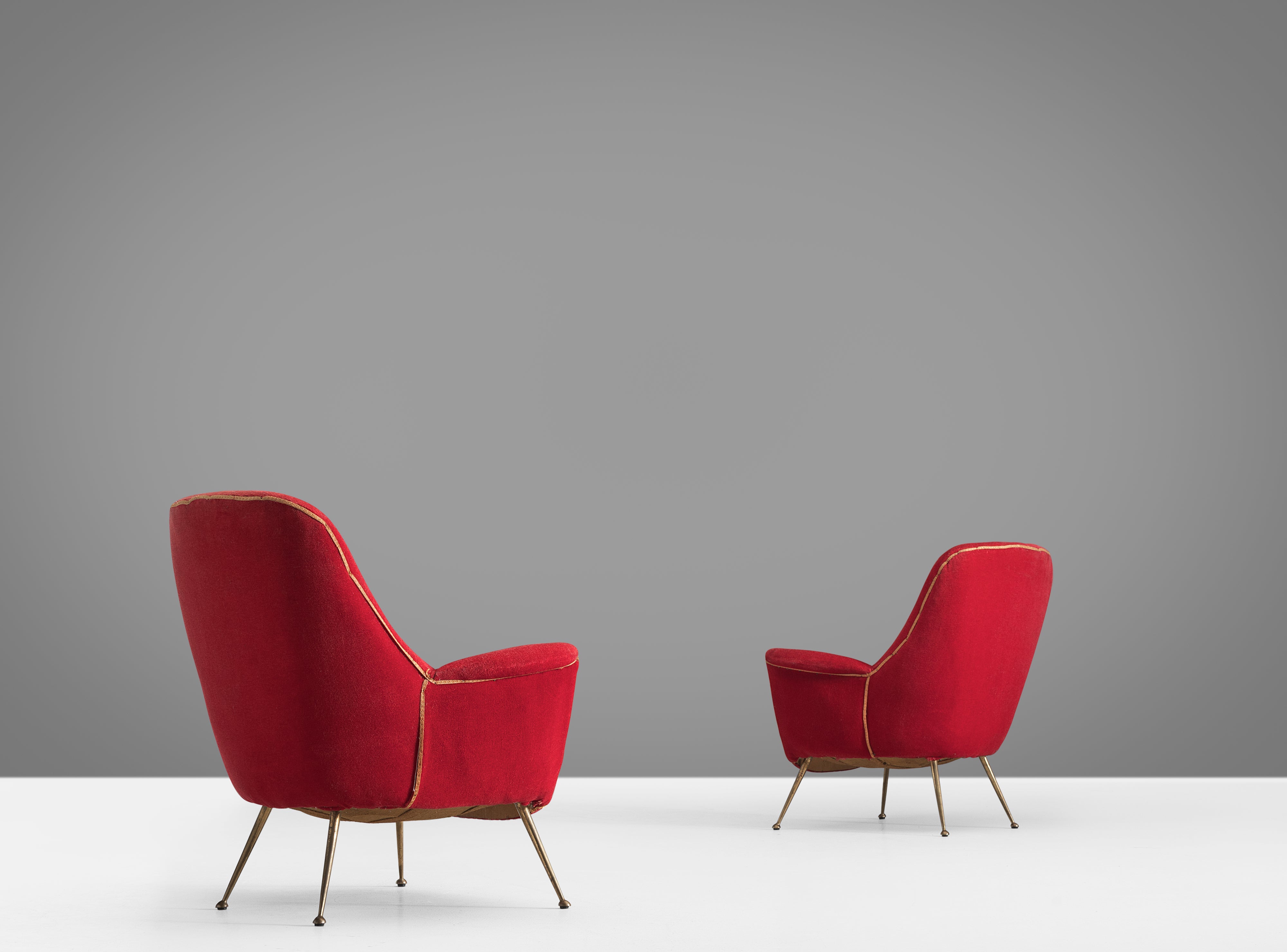 Italian Pair of Easy Chairs in Red Velvet and Brass seating Morentz