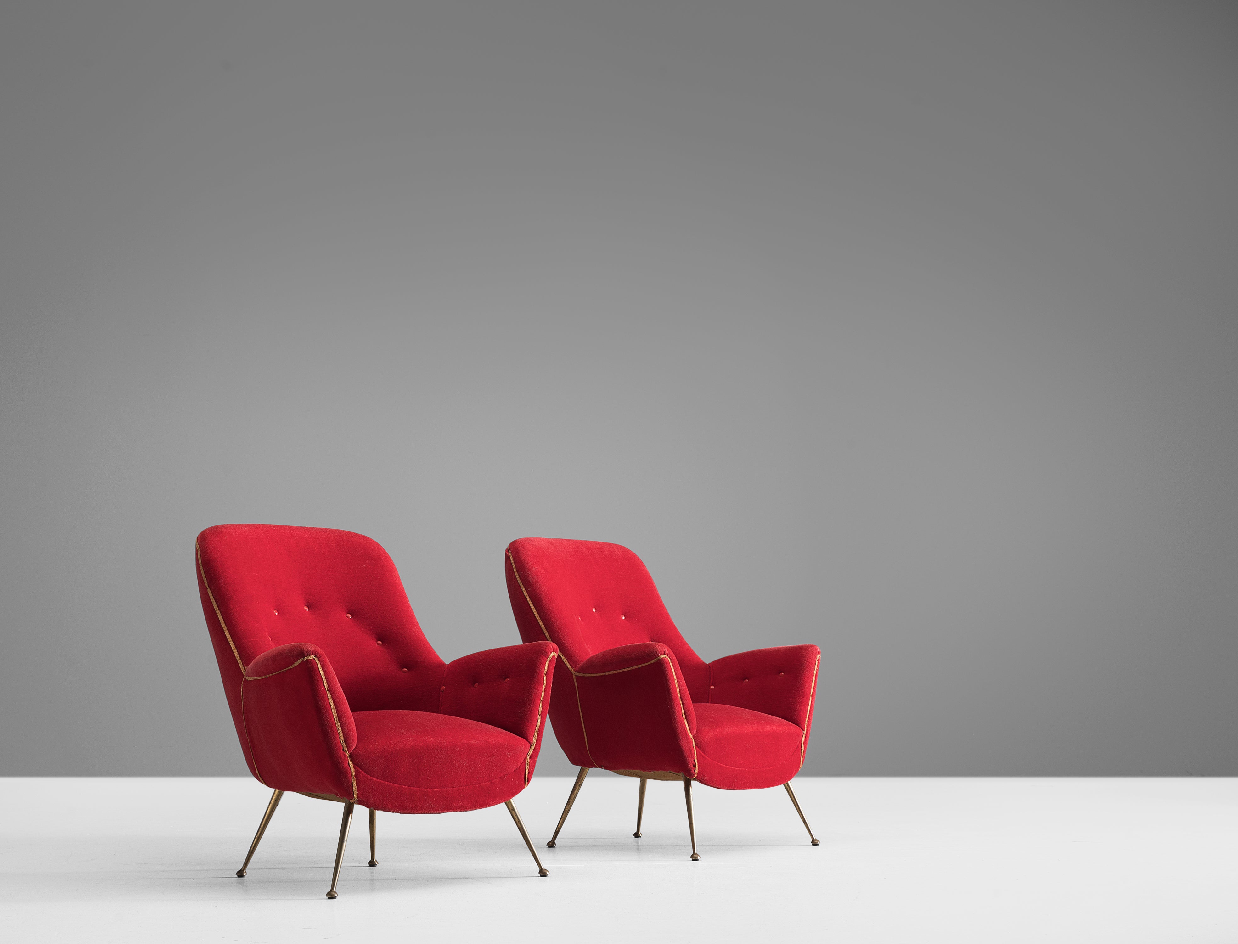 Italian Pair of Easy Chairs in Red Velvet and Brass seating Morentz