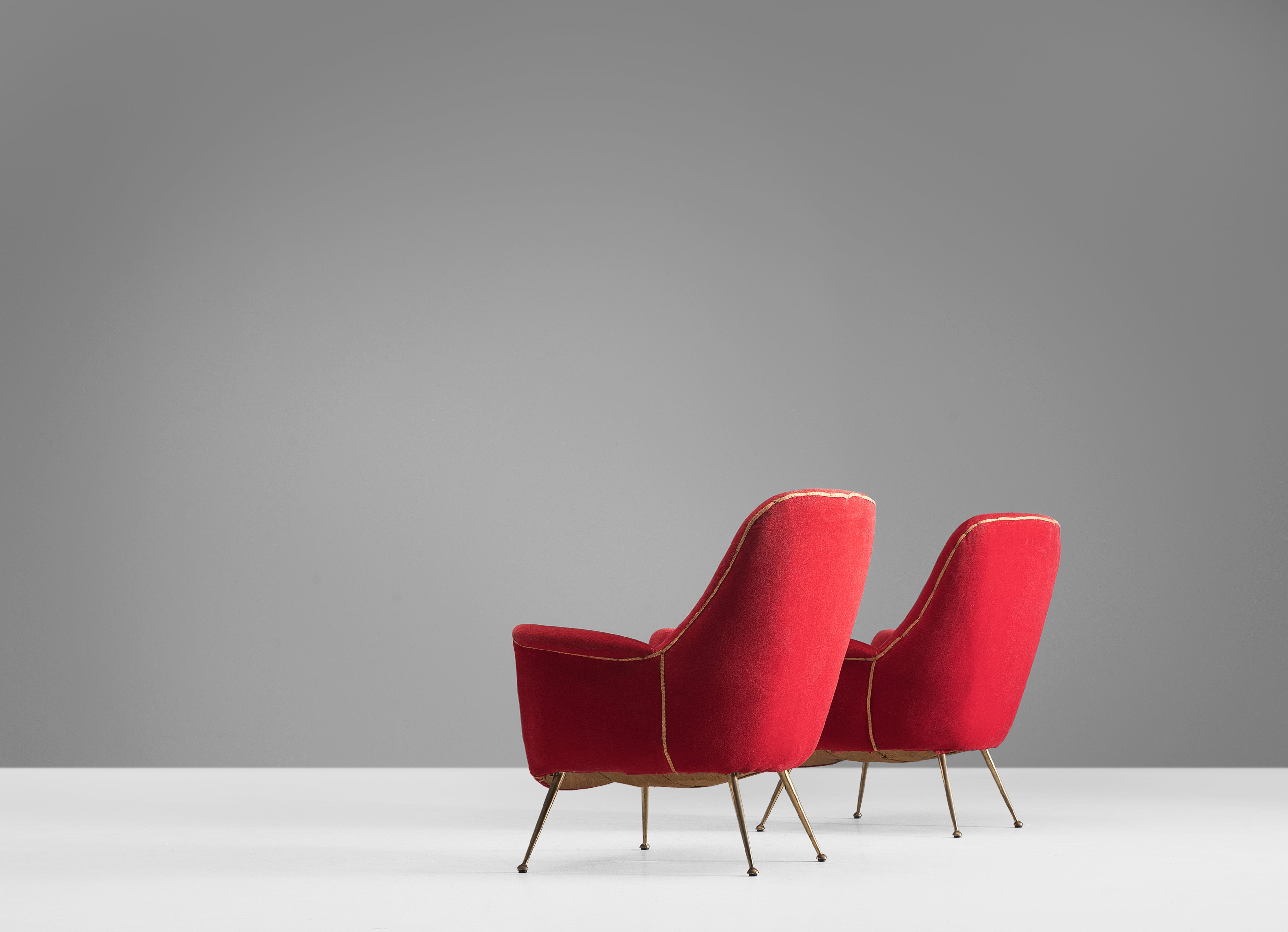 Italian Pair of Easy Chairs in Red Velvet and Brass seating Morentz