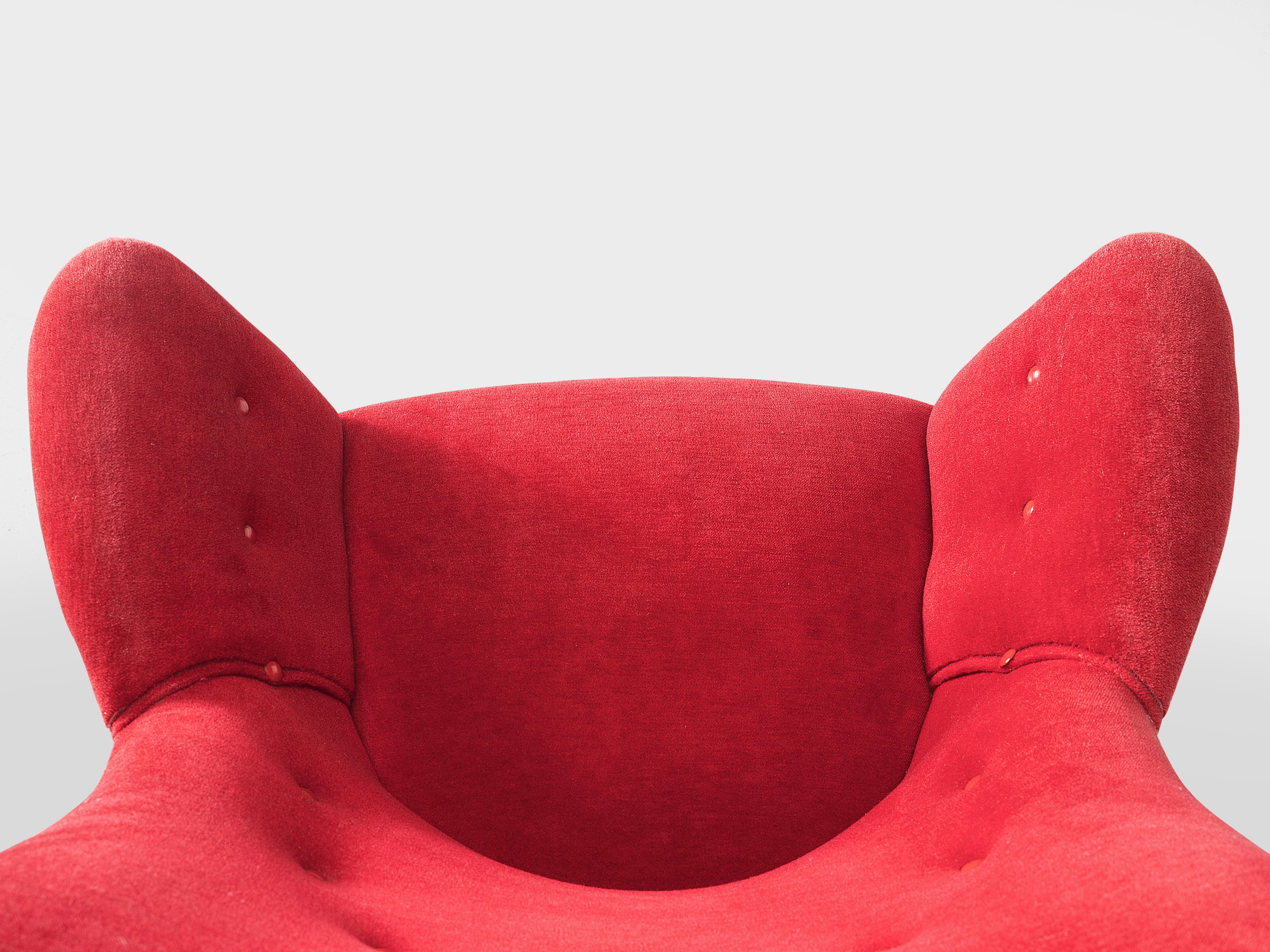 Italian Pair of Easy Chairs in Red Velvet and Brass seating Morentz