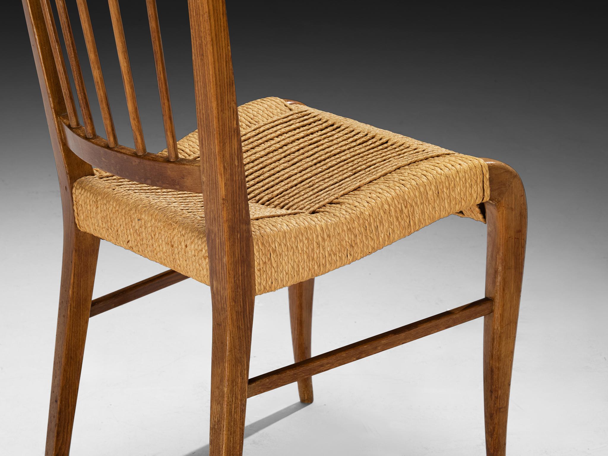 1940s French Set of Five Dining Chairs in Chestnut and Rush seating Morentz