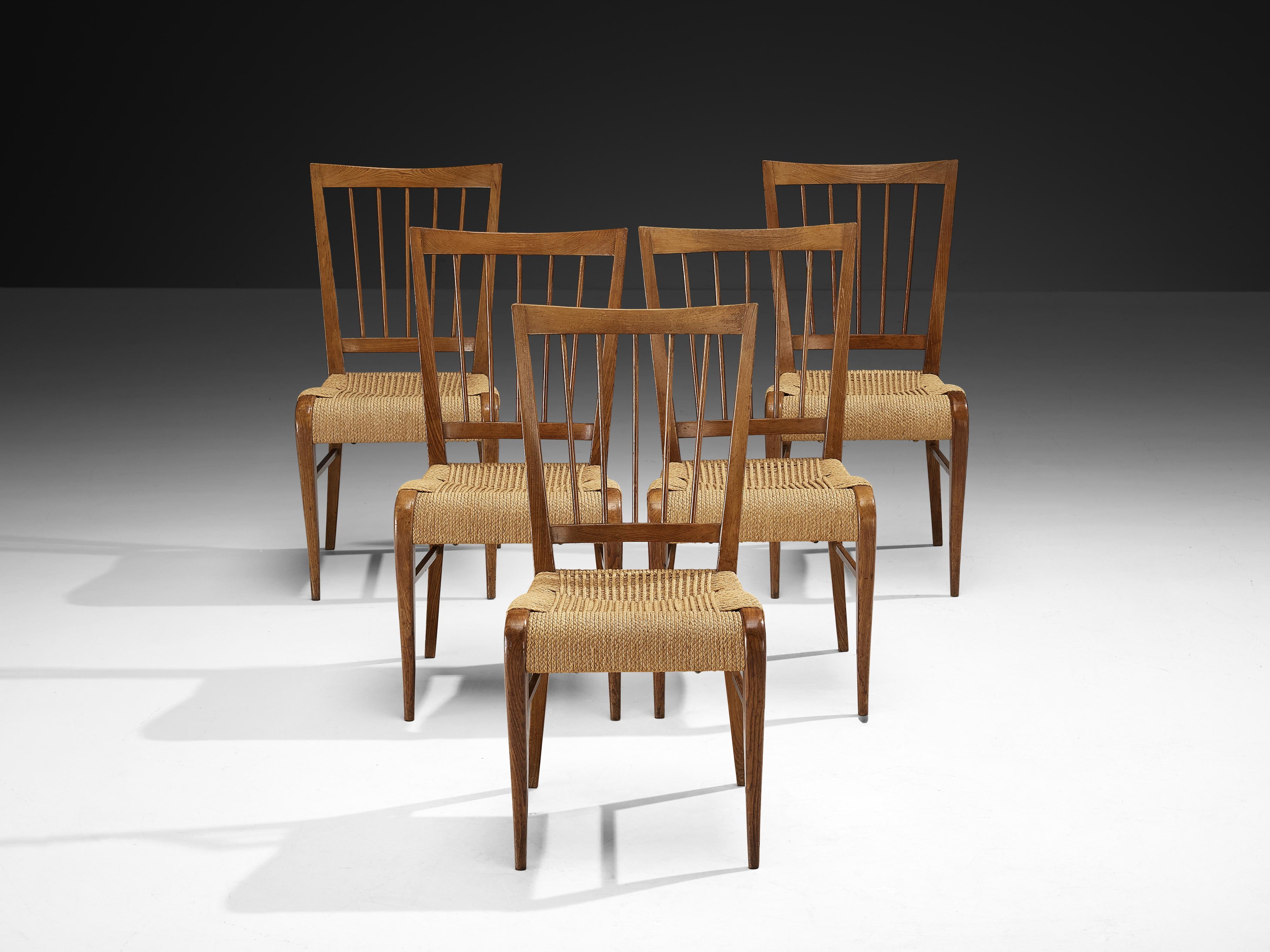 1940s French Set of Five Dining Chairs in Chestnut and Rush seating Morentz