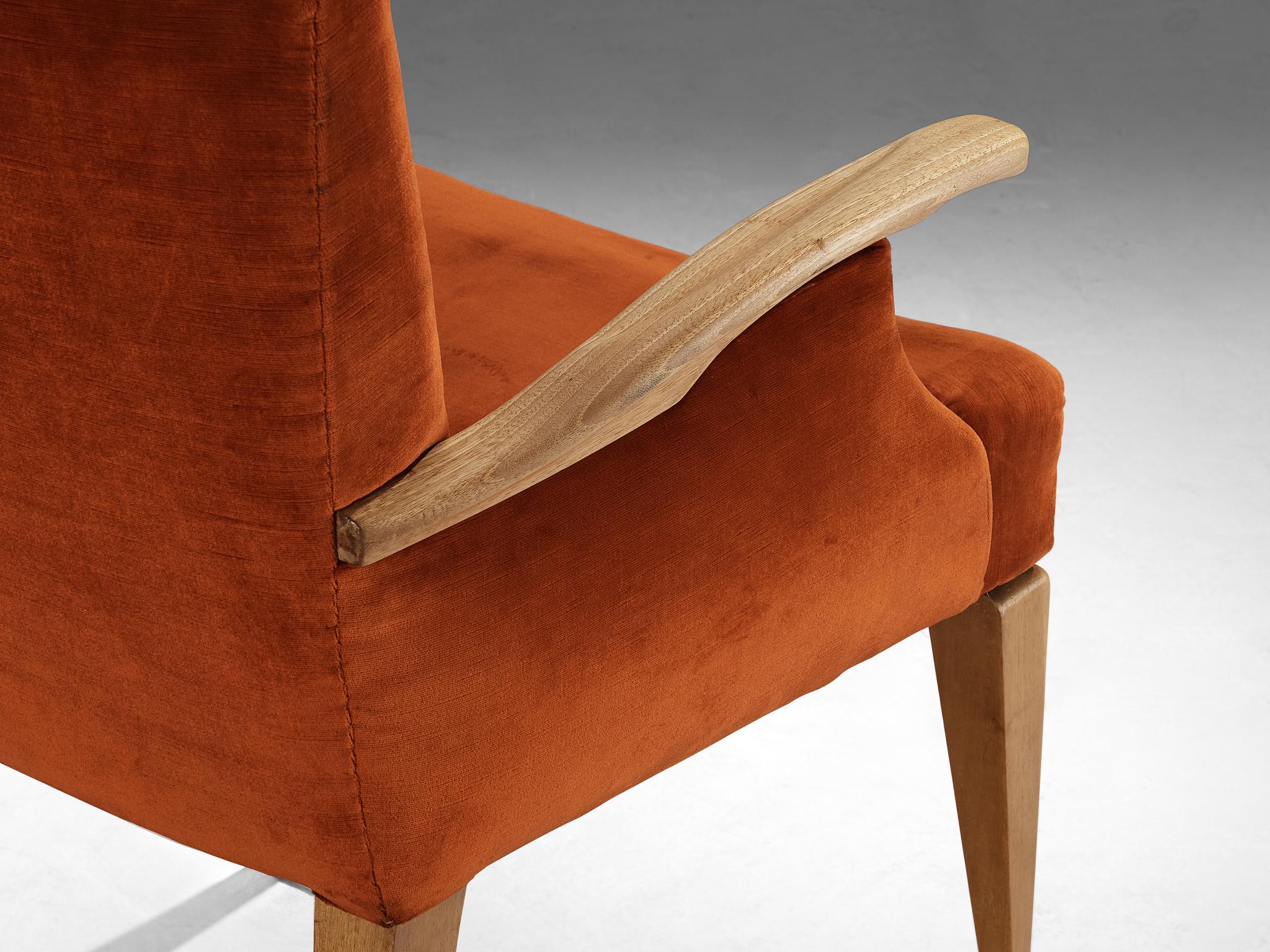 1950s Mid-Century Modern Armchair in Cherry and Burnt Orange Velvet seating Morentz