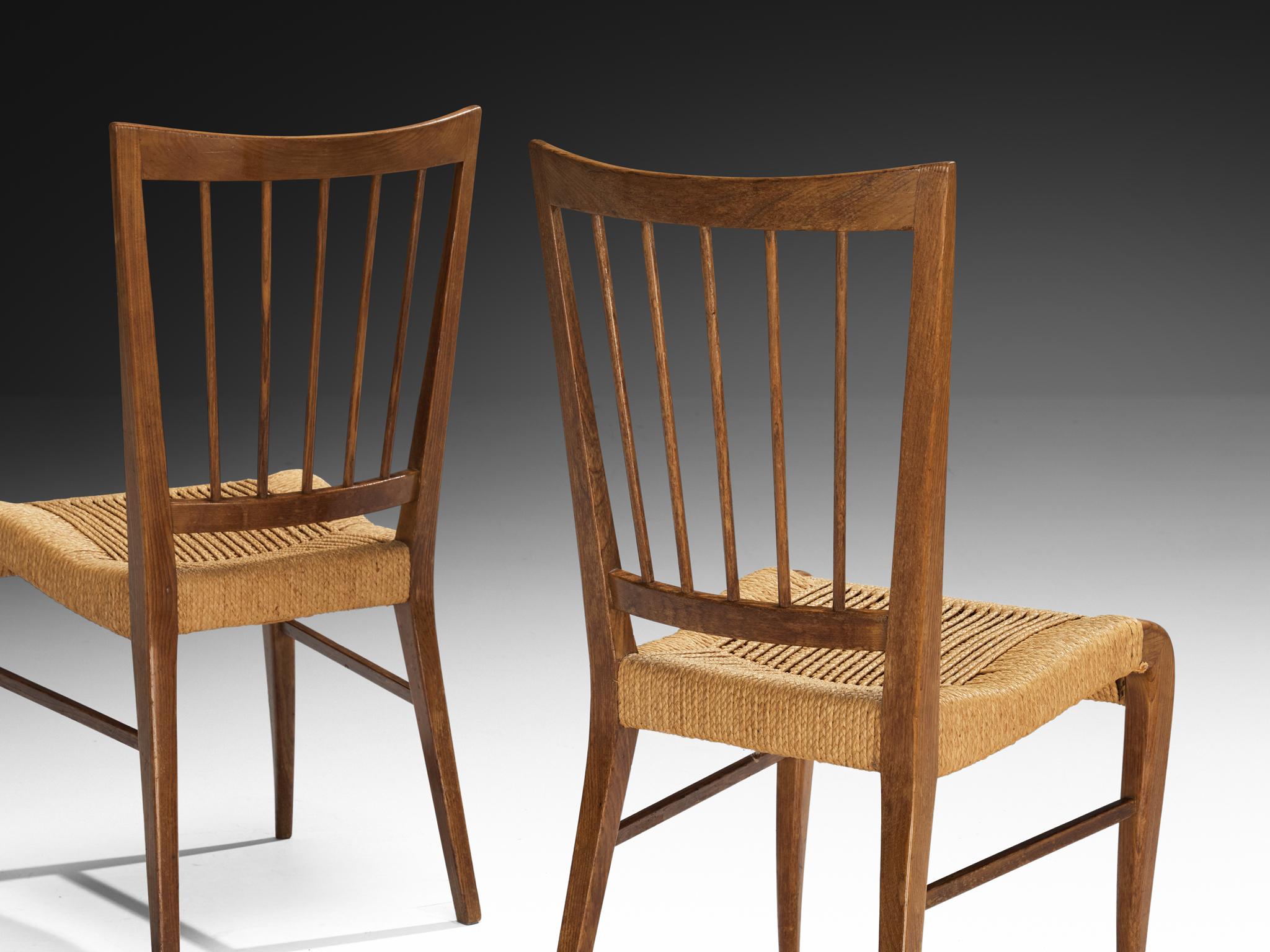 1940s French Set of Five Dining Chairs in Chestnut and Rush seating Morentz
