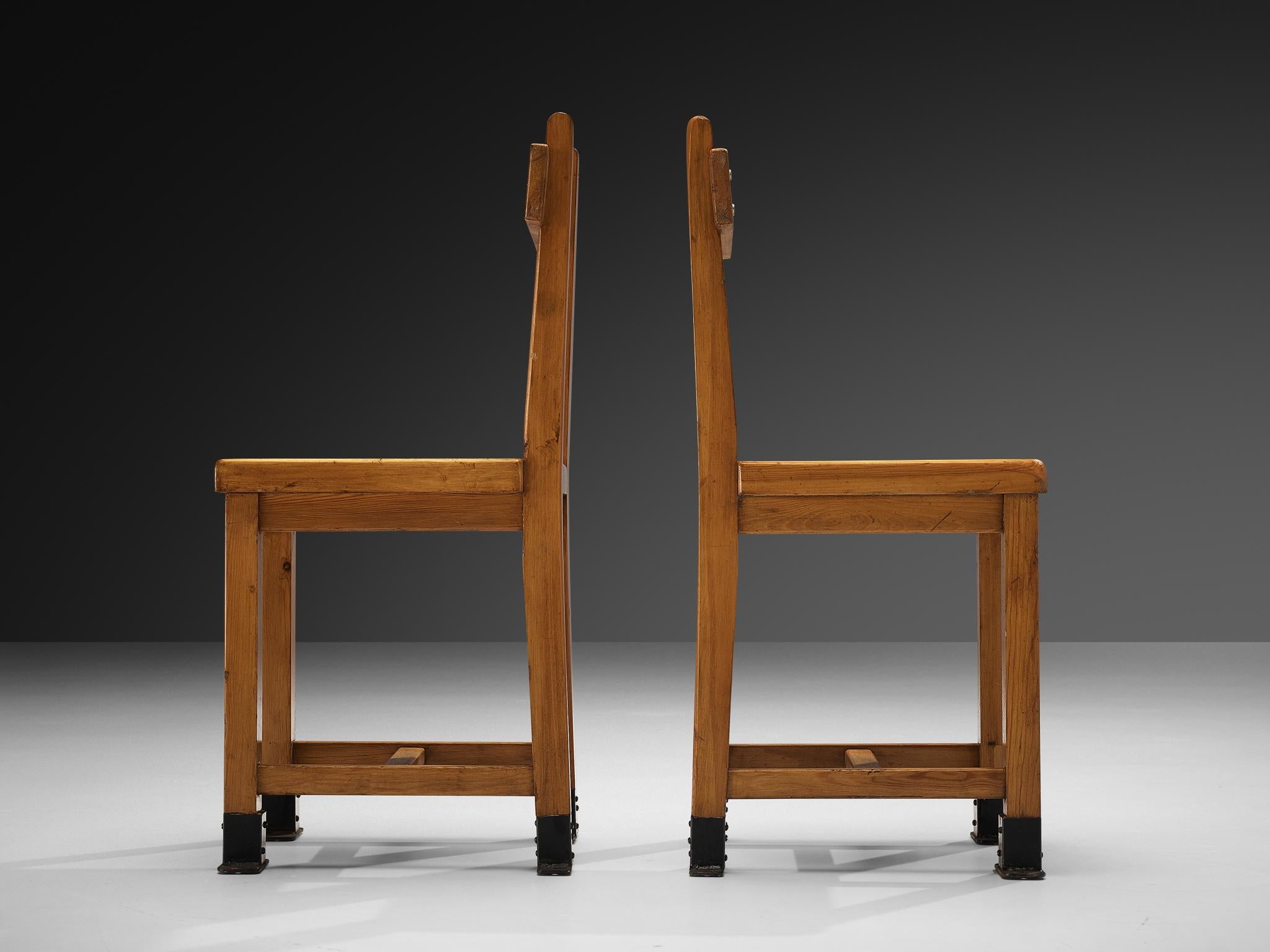 Rare French Pair of Dining Chairs in Pine with Metal Feet seating Morentz
