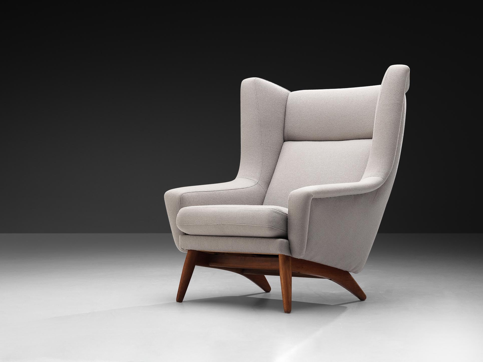 Danish Wingback Chair in Teak and Light Grey Upholstery seating Morentz