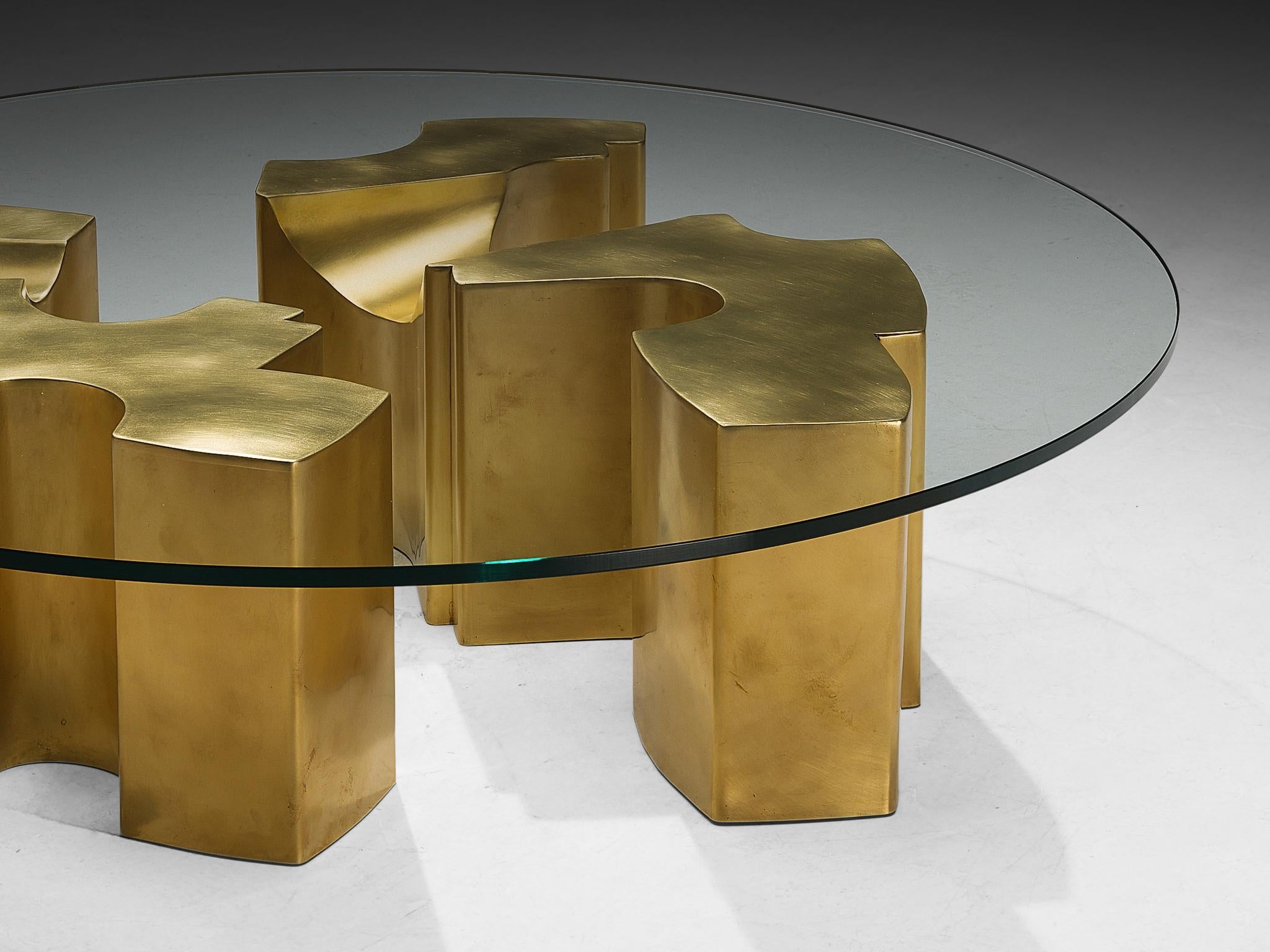 Jean Claude Dresse Coffee Table with Geometric Sculptural Base in Brass tables Morentz