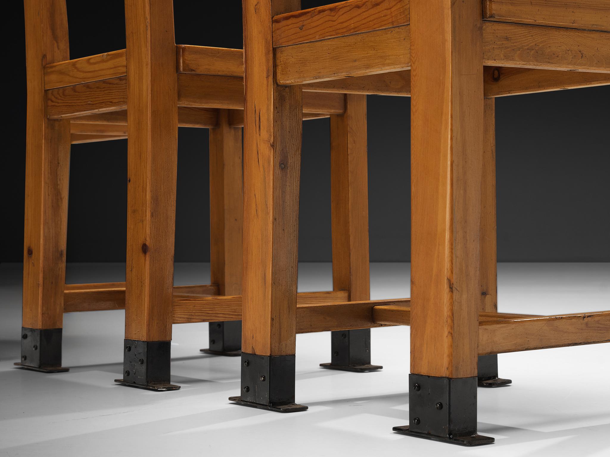 Rare French Pair of Dining Chairs in Pine with Metal Feet seating Morentz