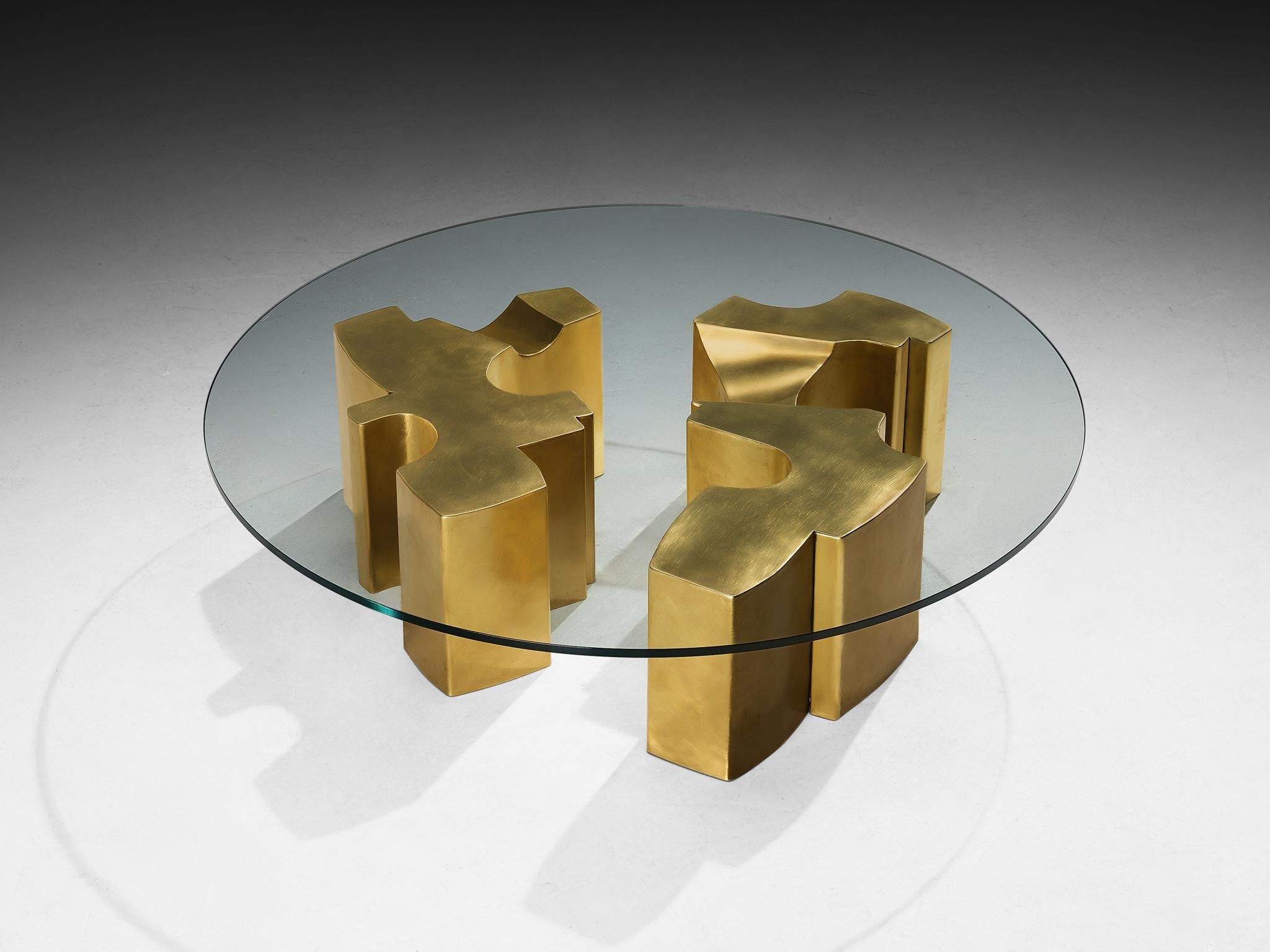 Jean Claude Dresse Coffee Table with Geometric Sculptural Base in Brass tables Morentz