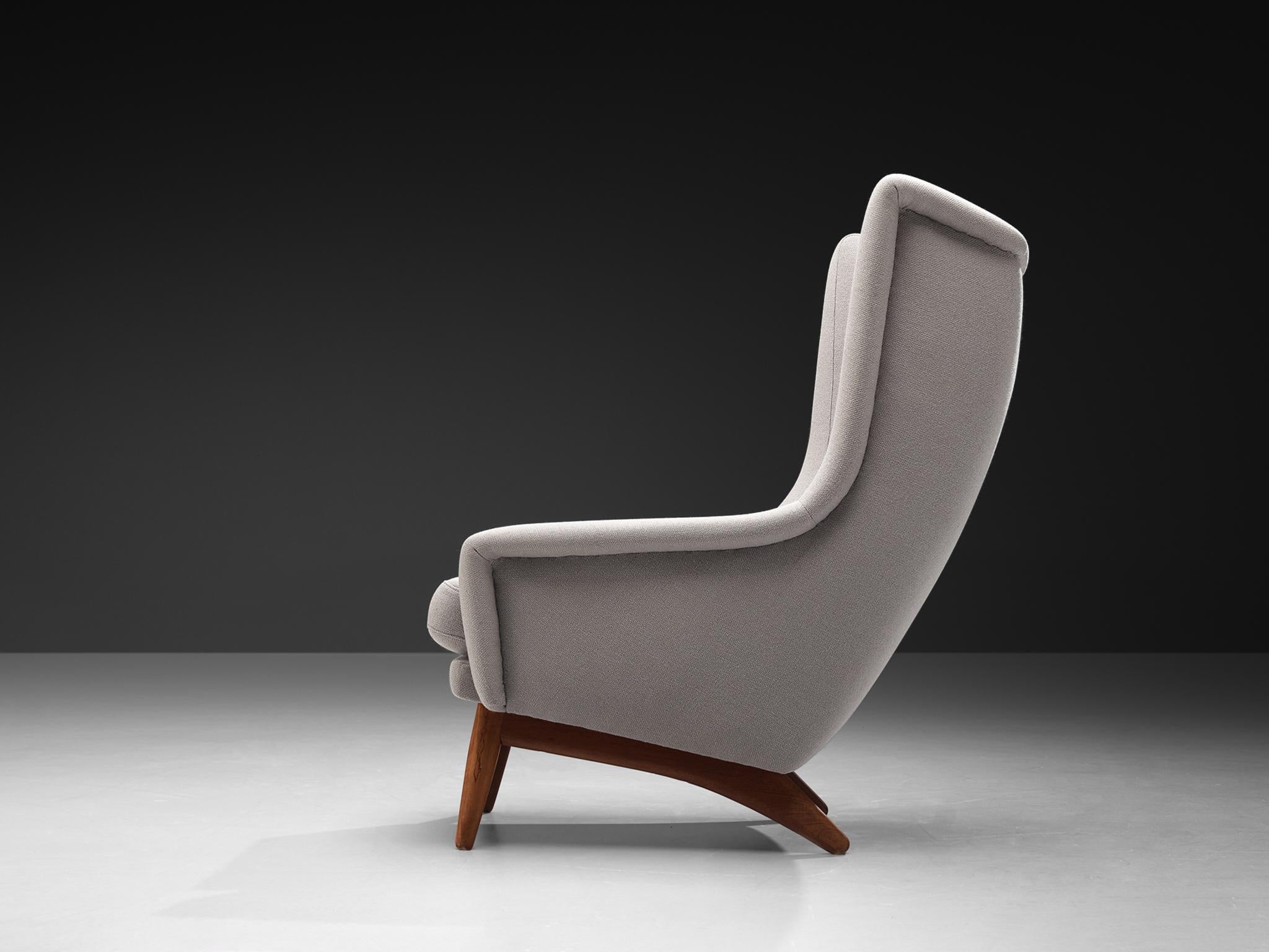 Danish Wingback Chair in Teak and Light Grey Upholstery seating Morentz