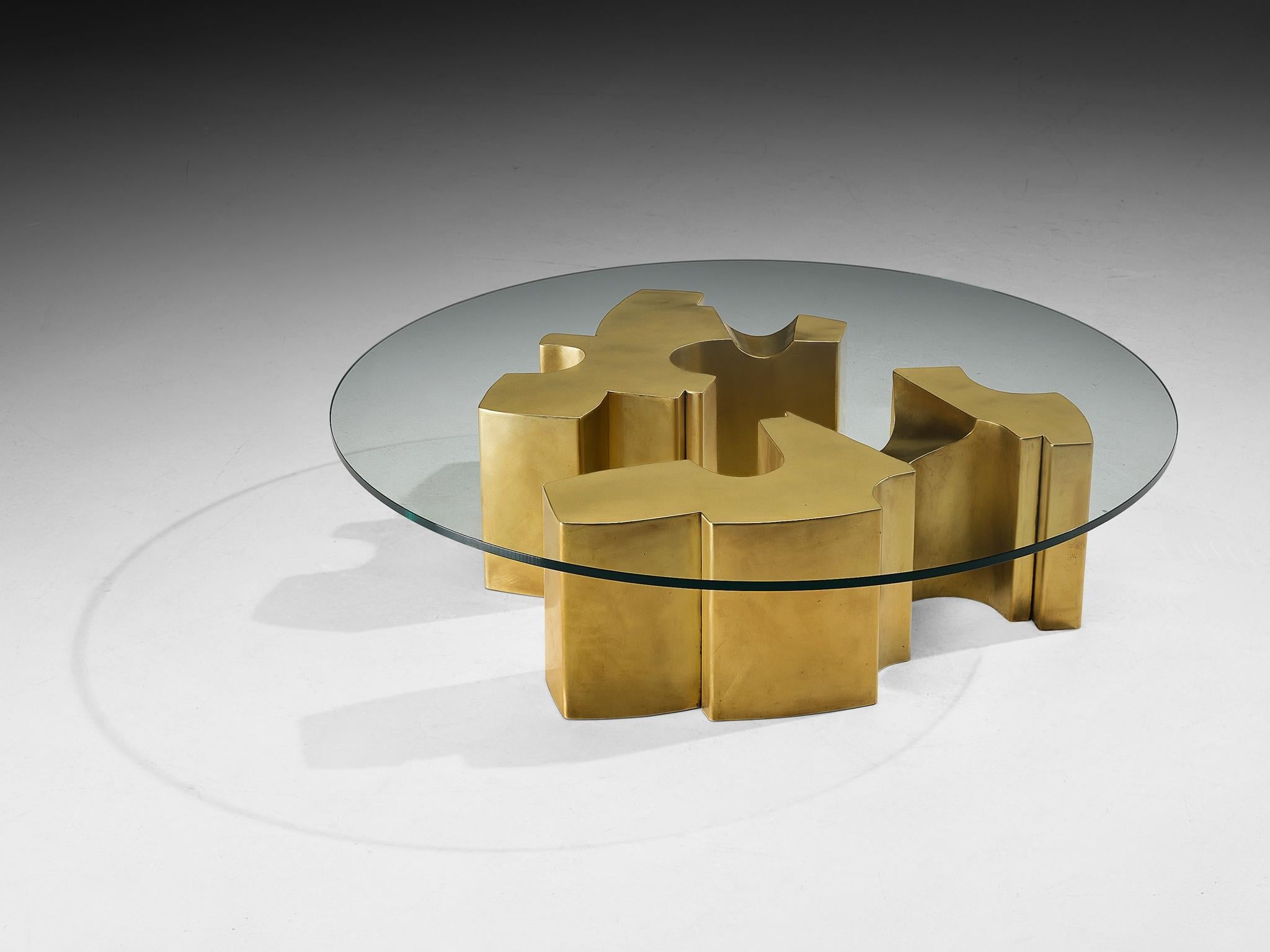 Jean Claude Dresse Coffee Table with Geometric Sculptural Base in Brass tables Morentz
