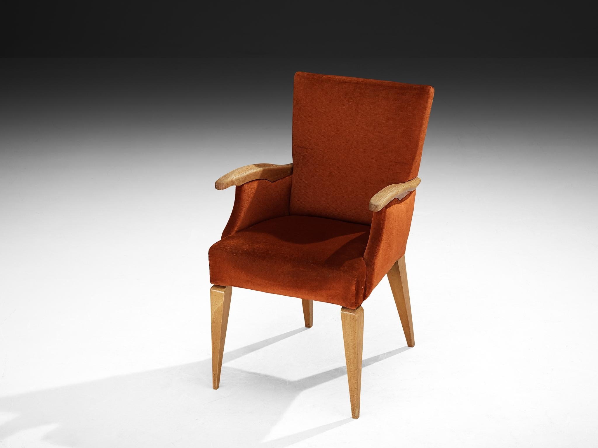 1950s Mid-Century Modern Armchair in Cherry and Burnt Orange Velvet seating Morentz