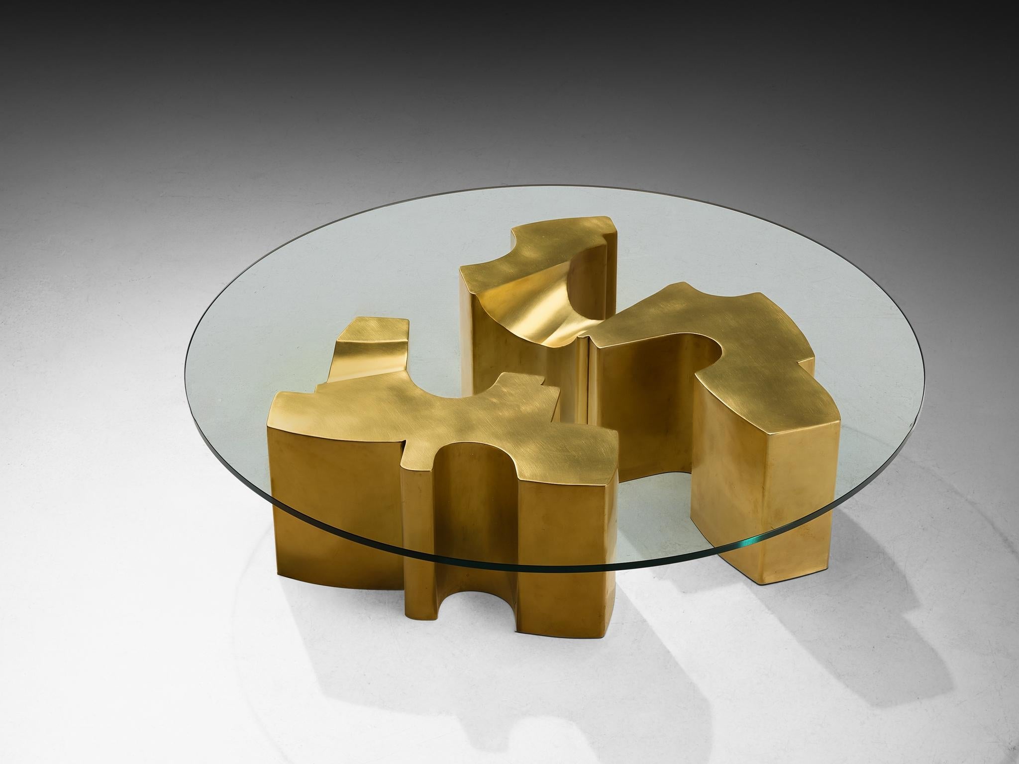 Jean Claude Dresse Coffee Table with Geometric Sculptural Base in Brass tables Morentz