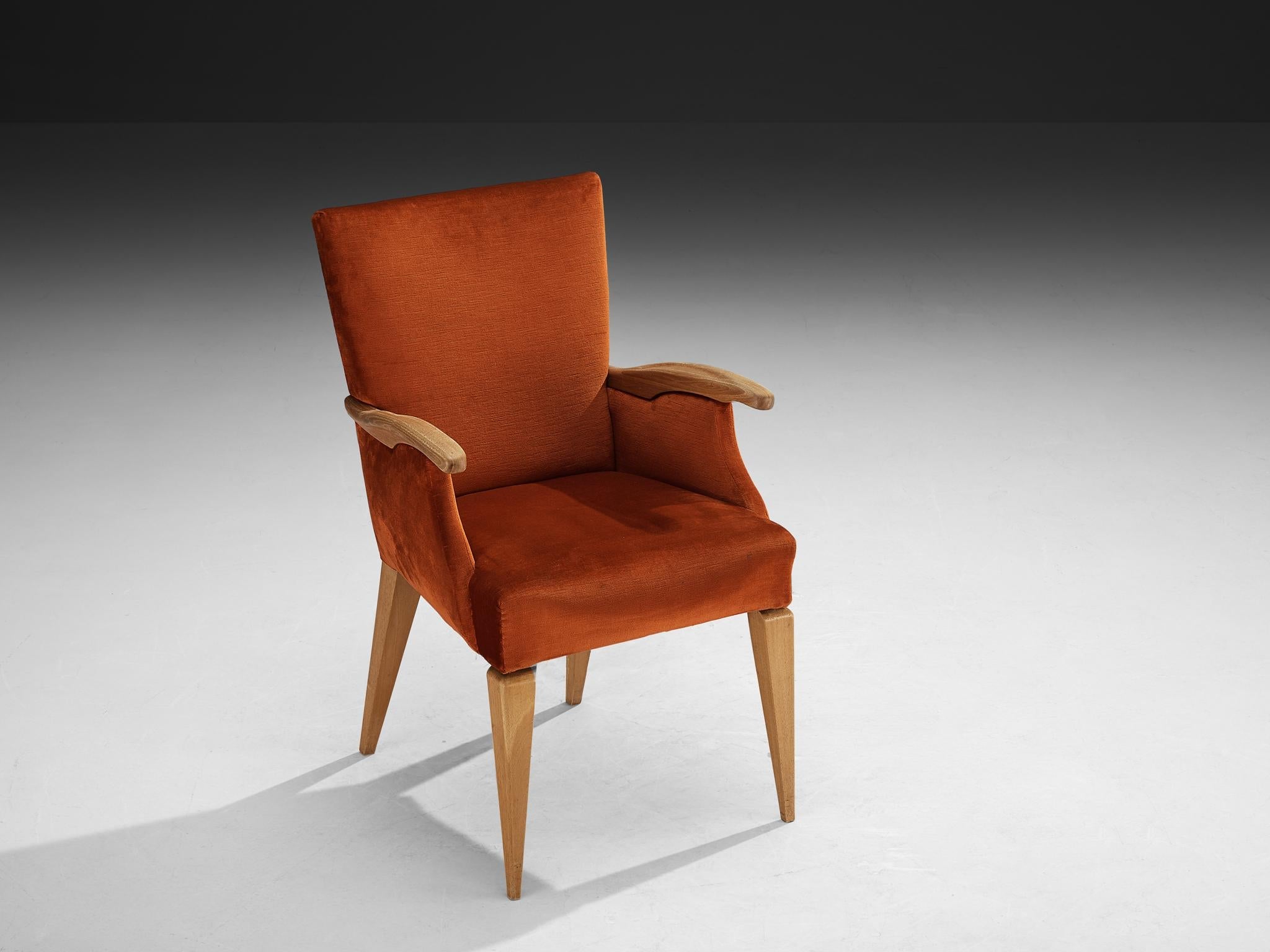 1950s Mid-Century Modern Armchair in Cherry and Burnt Orange Velvet seating Morentz