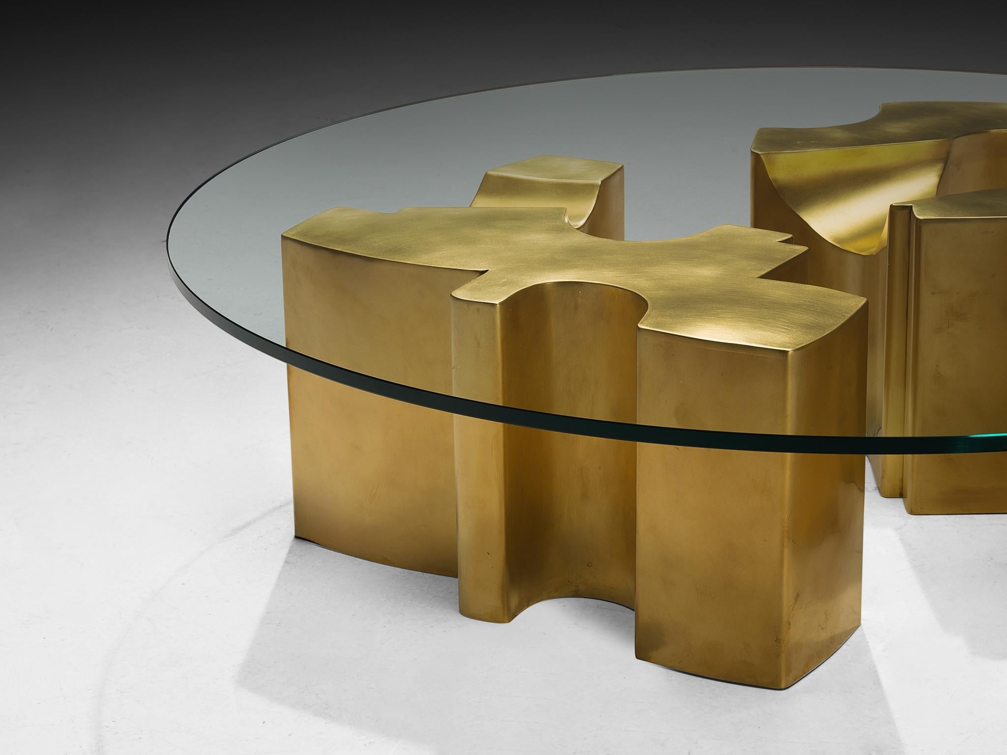Jean Claude Dresse Coffee Table with Geometric Sculptural Base in Brass tables Morentz