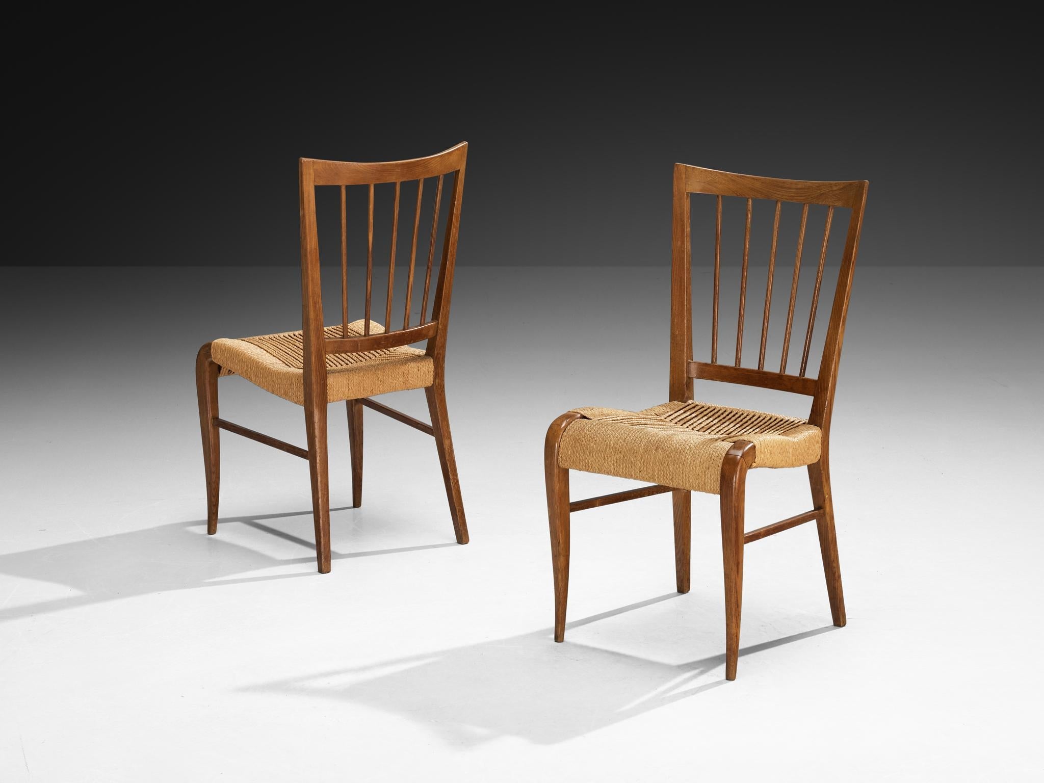 1940s French Set of Five Dining Chairs in Chestnut and Rush seating Morentz