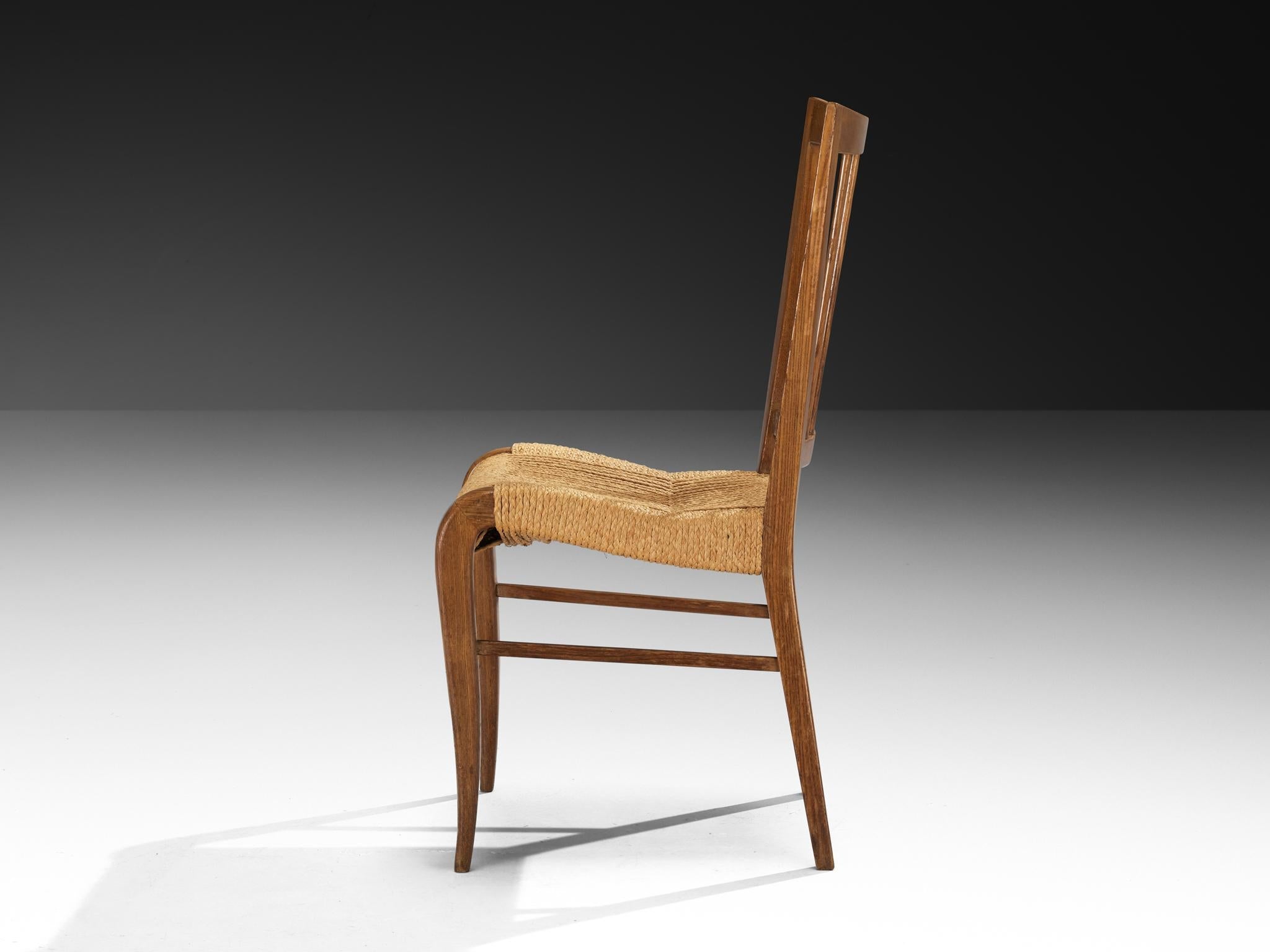 1940s French Set of Five Dining Chairs in Chestnut and Rush seating Morentz