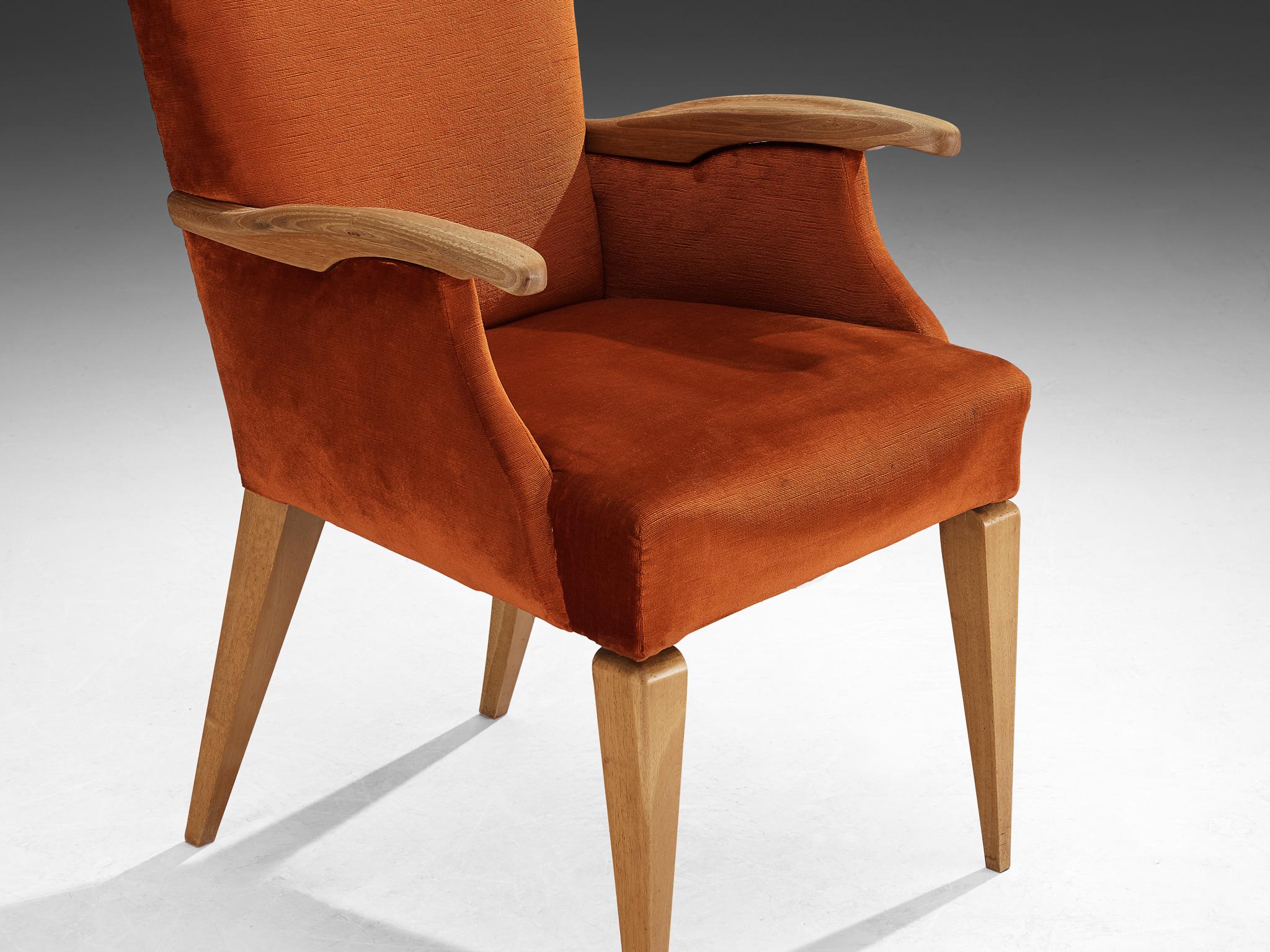 1950s Mid-Century Modern Armchair in Cherry and Burnt Orange Velvet seating Morentz