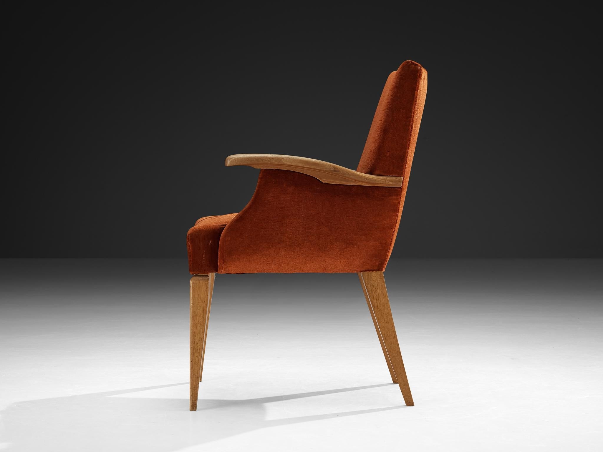 1950s Mid-Century Modern Armchair in Cherry and Burnt Orange Velvet seating Morentz