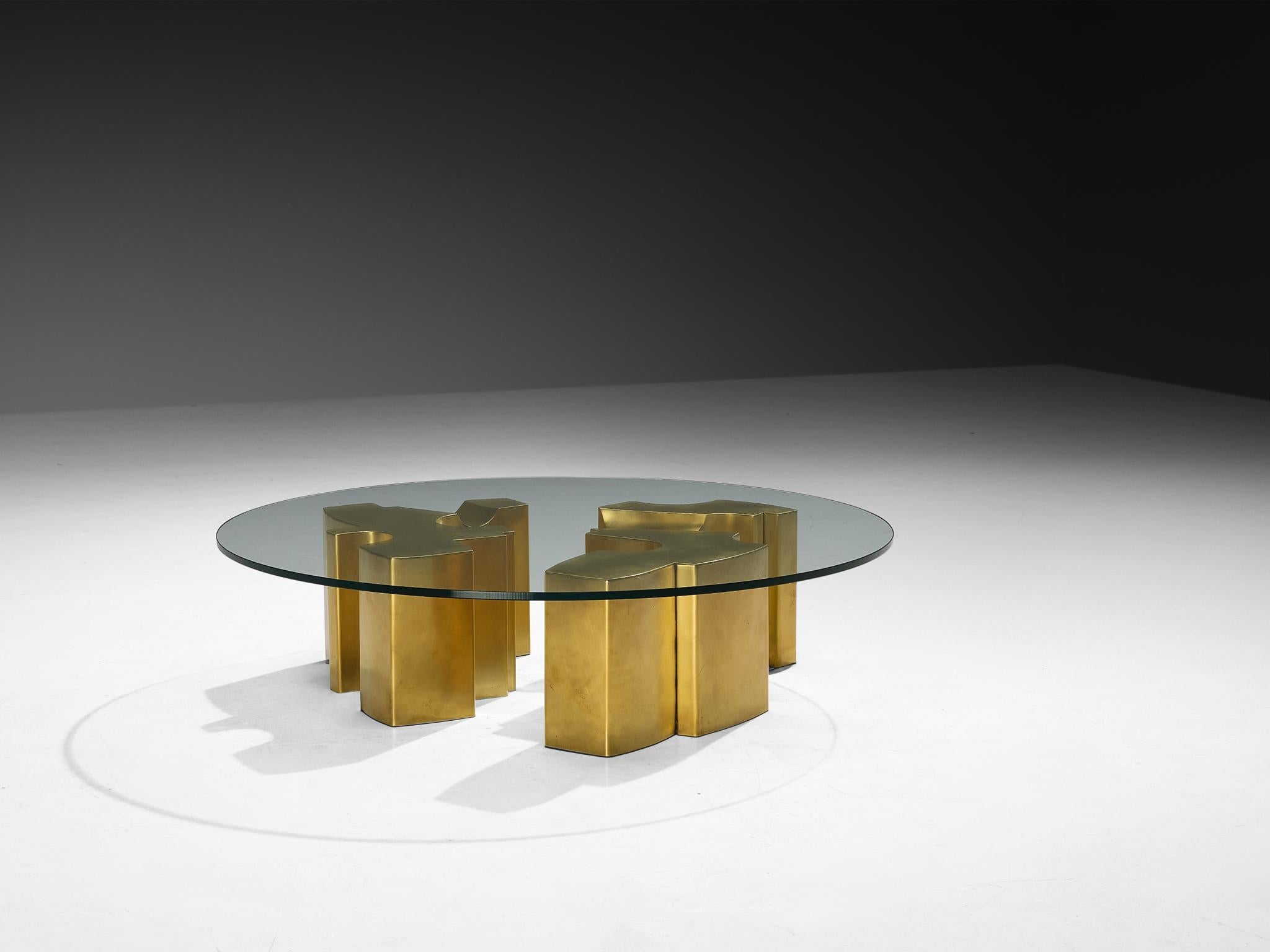 Jean Claude Dresse Coffee Table with Geometric Sculptural Base in Brass tables Morentz