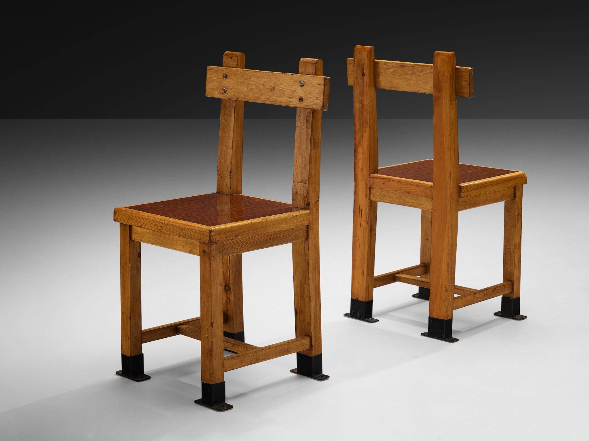 Rare French Pair of Dining Chairs in Pine with Metal Feet seating Morentz