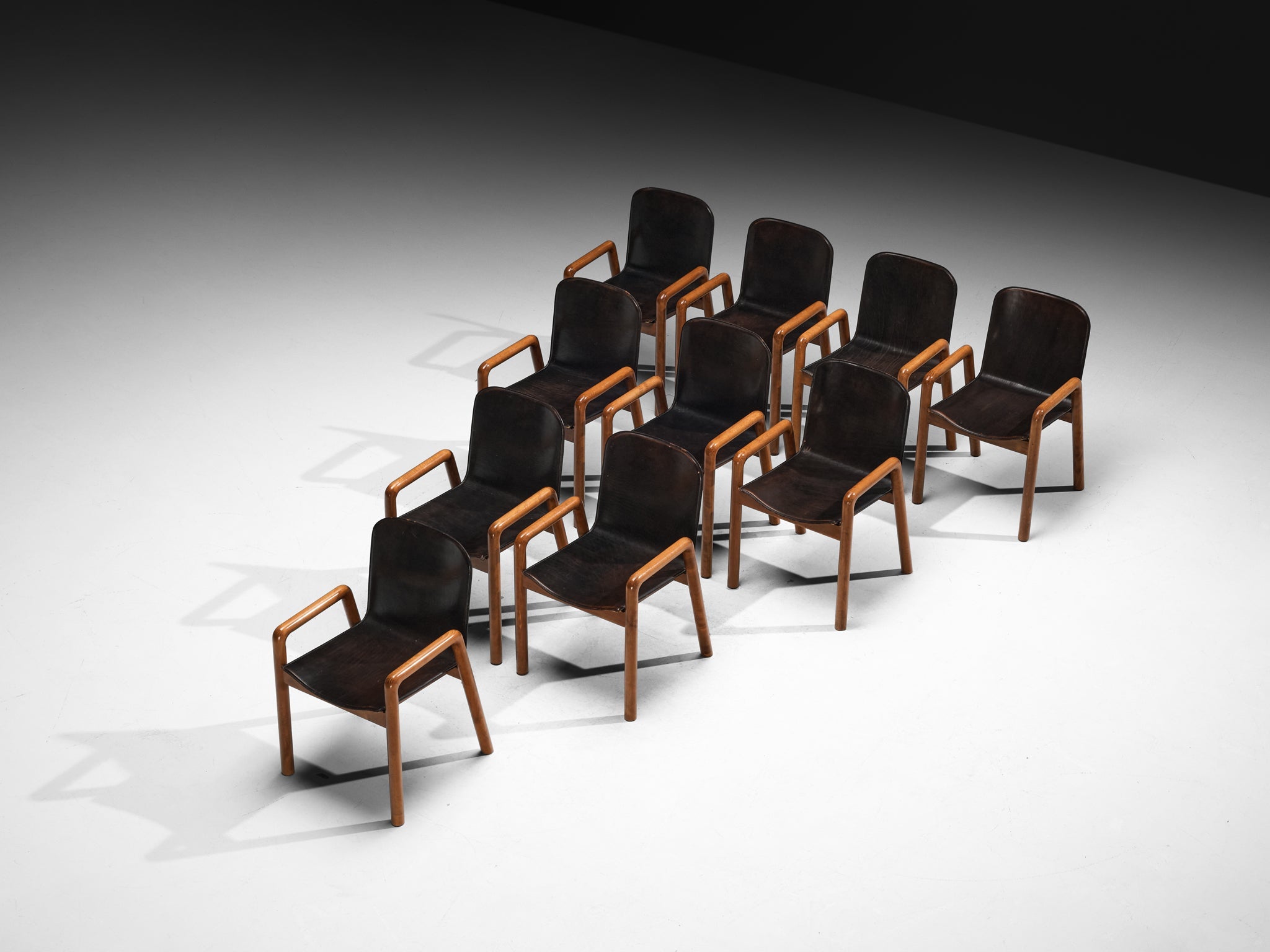 Post-Modern Italian Set of Ten Dining Chairs in Leather and Wood seating Morentz