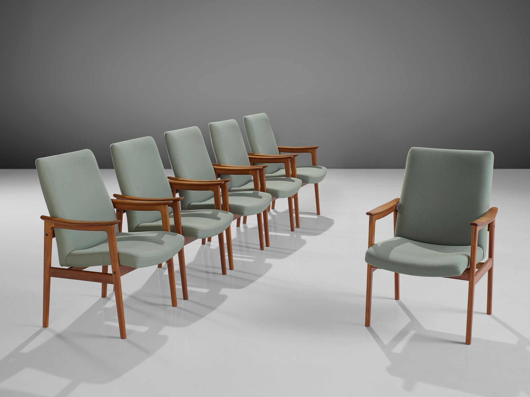 Scandinavian Set of Six High Back Armchairs in Teak and Mint Green Fabric seating Morentz