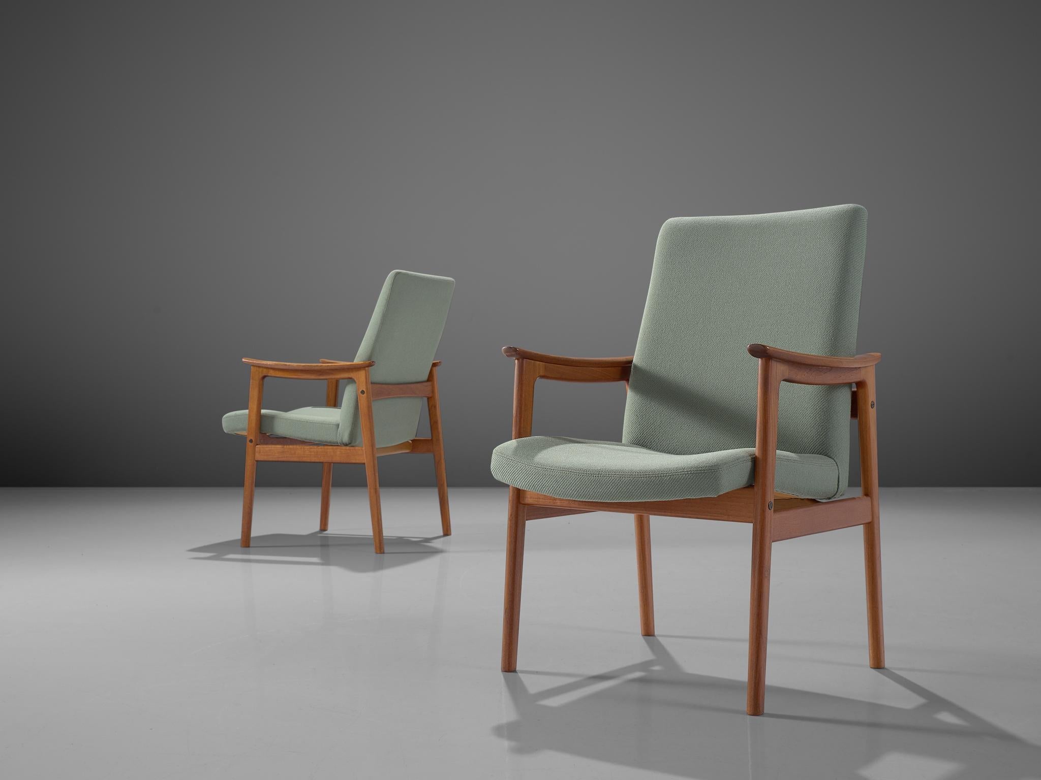 Scandinavian Set of Six High Back Armchairs in Teak and Mint Green Fabric seating Morentz