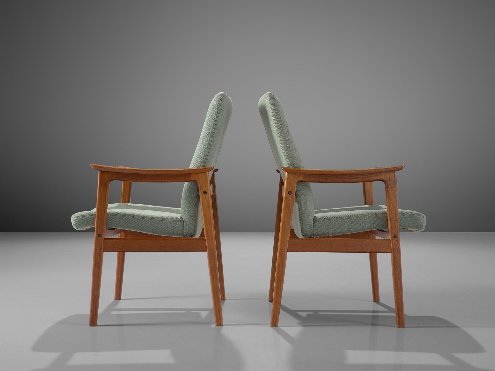 Scandinavian Set of Six High Back Armchairs in Teak and Mint Green Fabric seating Morentz