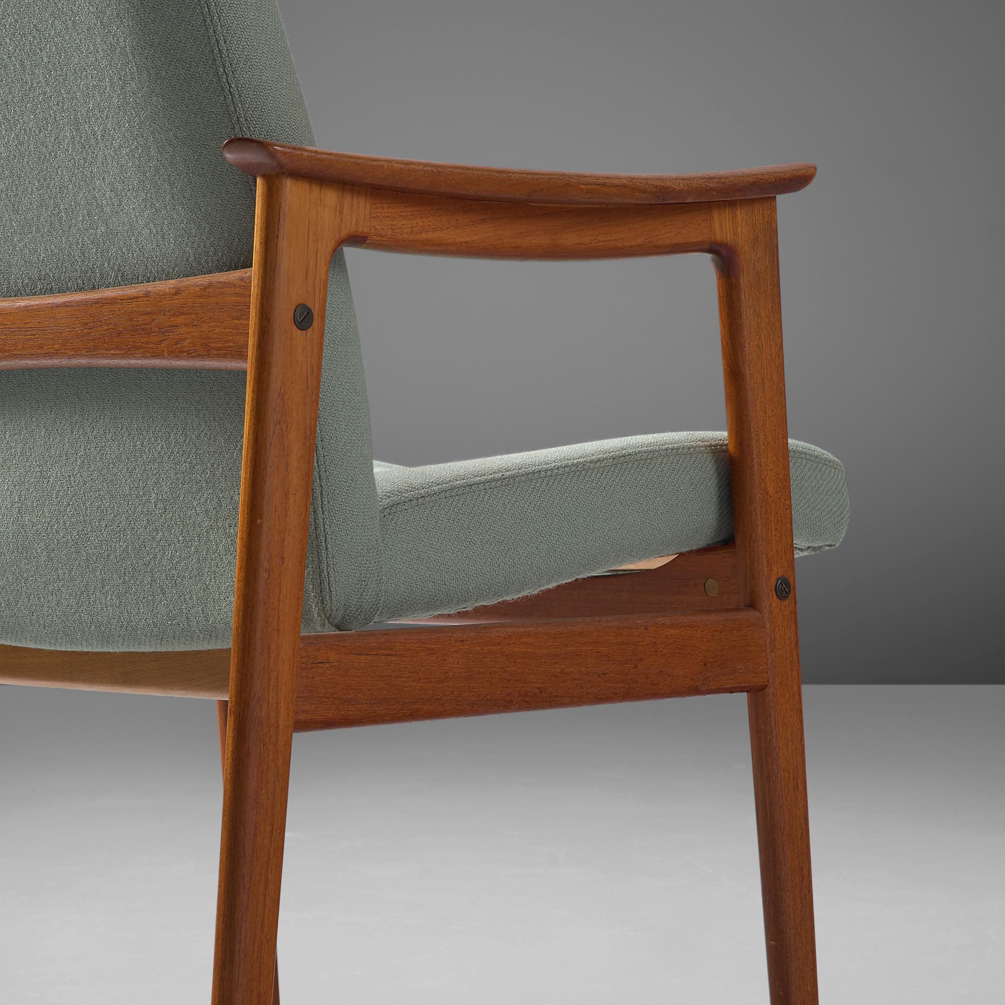 Scandinavian Set of Six High Back Armchairs in Teak and Mint Green Fabric seating Morentz