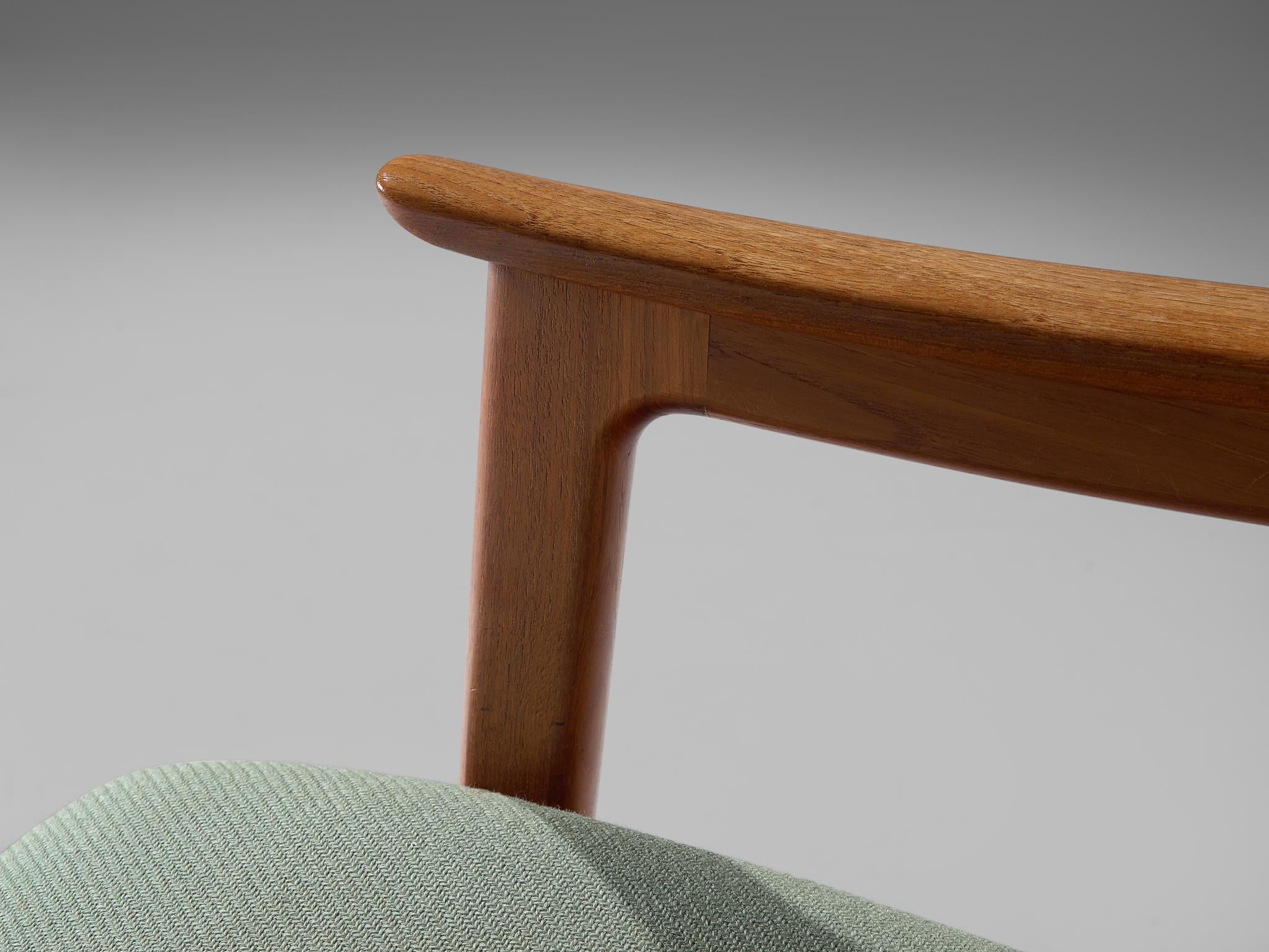 Scandinavian Set of Six High Back Armchairs in Teak and Mint Green Fabric seating Morentz