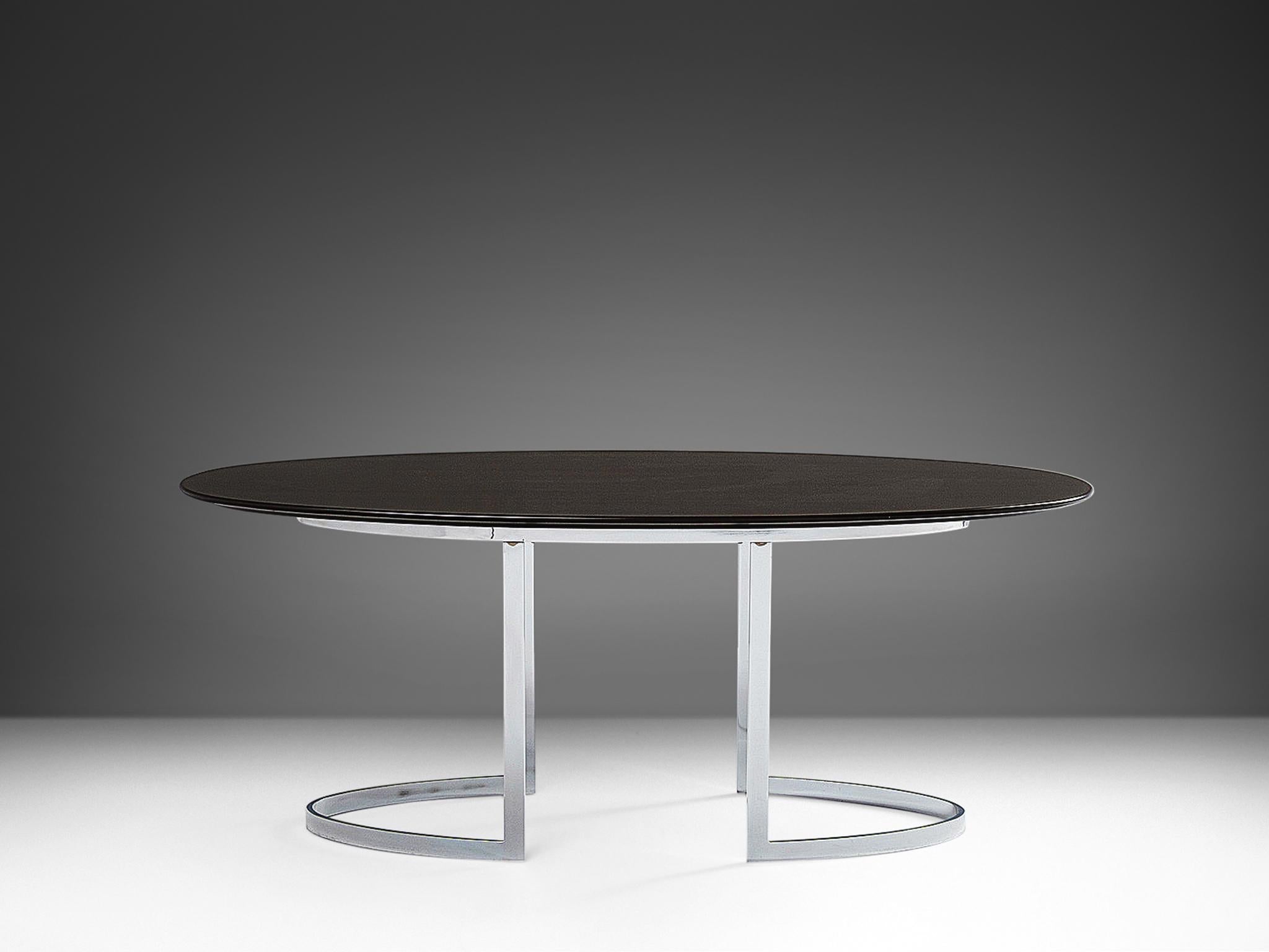 Oval Dining Table in Chrome-plated Steel and Black Lacquered Wood